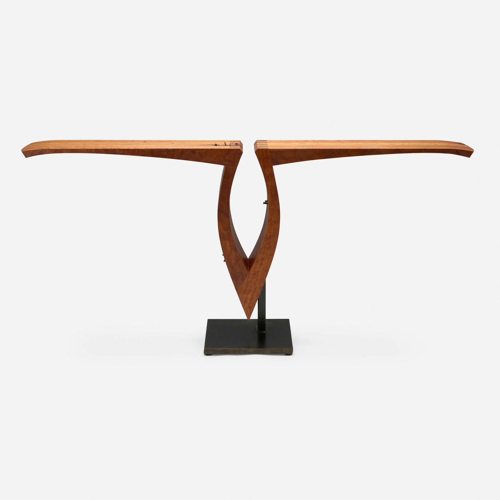 David Orth, V console table: David Orth V console table c. 2005cherry, patinated steel, found iron objects 38 h x 80.5 w x 16 d in (97 x 204 x 41 cm) This work will ship from Chicago, Illinois.