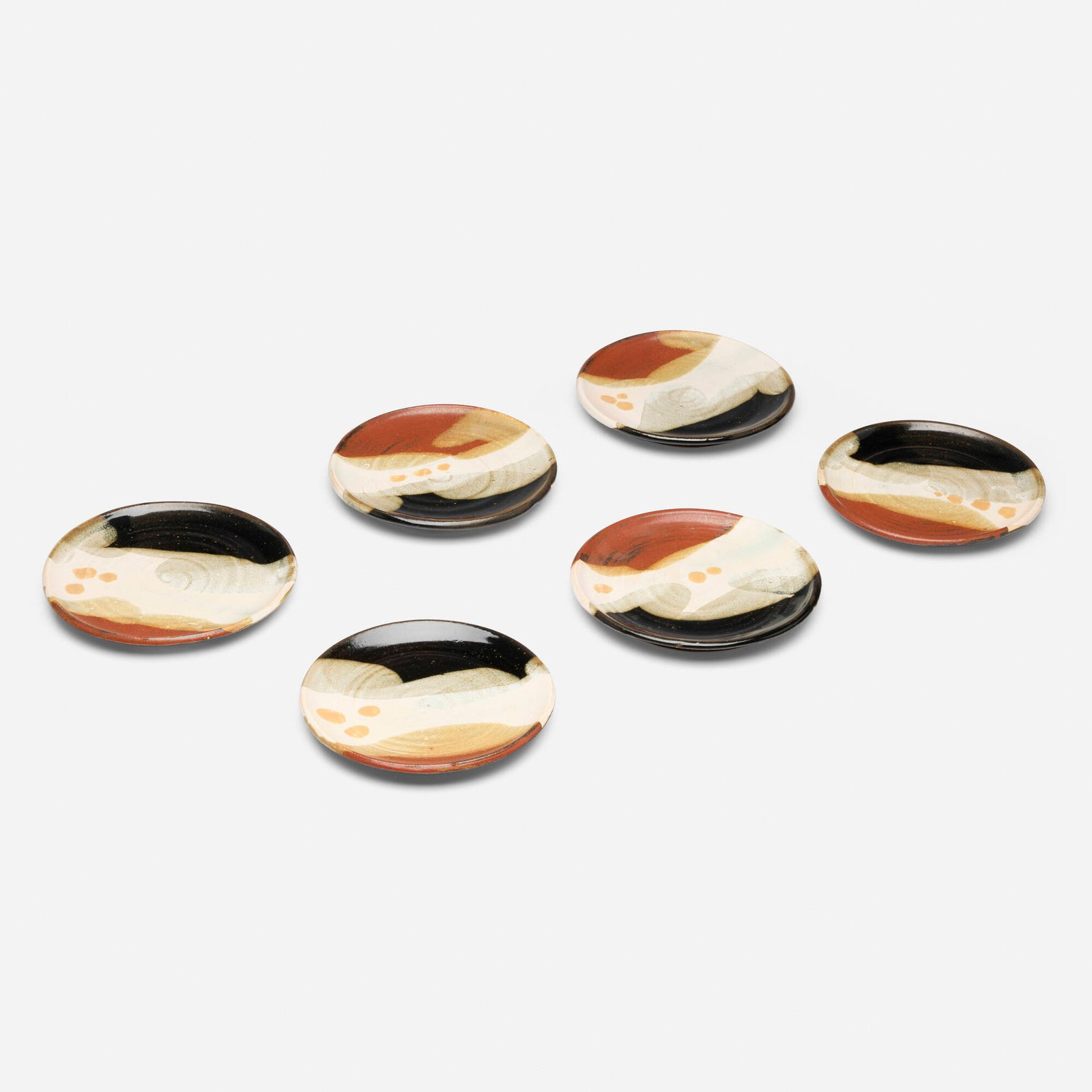 Charles Higa, Plates, set of six: Charles Higa Plates, set of six glazed stoneware 0.75 h x 7 dia in (2 x 18 cm) Incised signature to underside of each example 'Higa'. Provenance: Acquired directly from the a