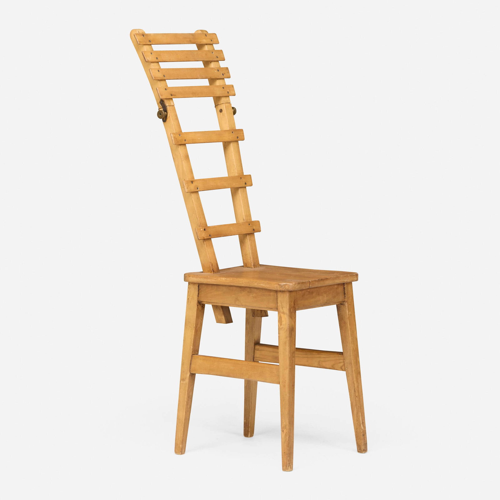 French, Artist's life model chair: French Artist's life model chair c. 1925 beech, brass 47 h x 13.5 w x 15 d in (119 x 34 x 38 cm) Chair features adjustable mechanism to position a life model. Provenance: