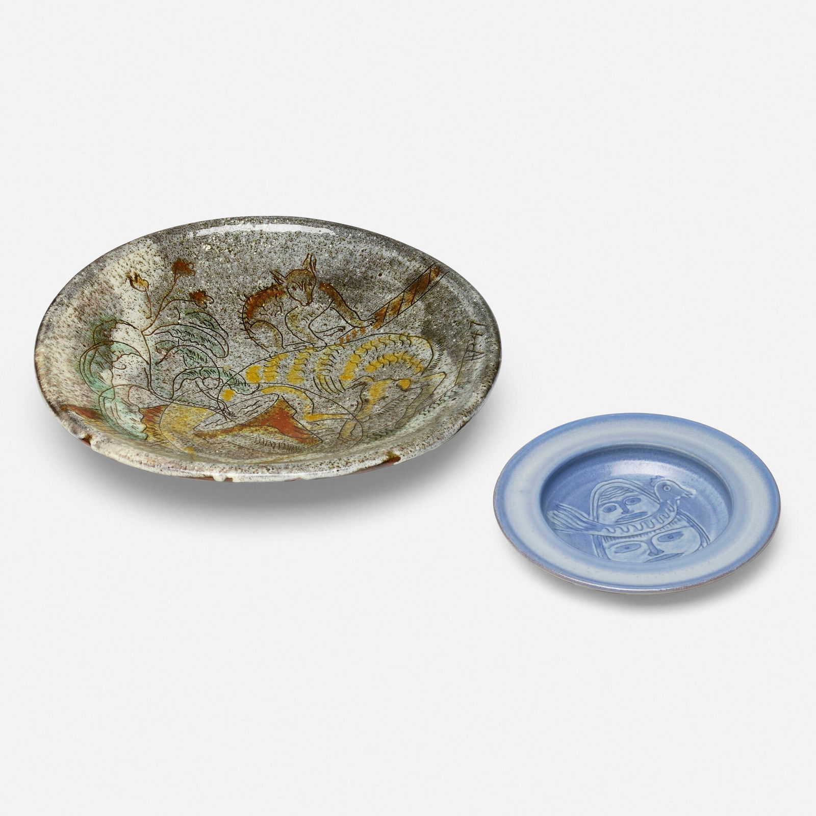 Henry Varnum Poor and Edwin and Mary Scheier, Charger and bowl: Henry Varnum Poor and Edwin and Mary Scheier Charger and bowl 1947, c. 1960glazed earthenware and stoneware 2.5 h x 12.75 dia in (6 x 32 cm) 1 h x 7.5 dia in (3 x 19 cm) Glazed and incised