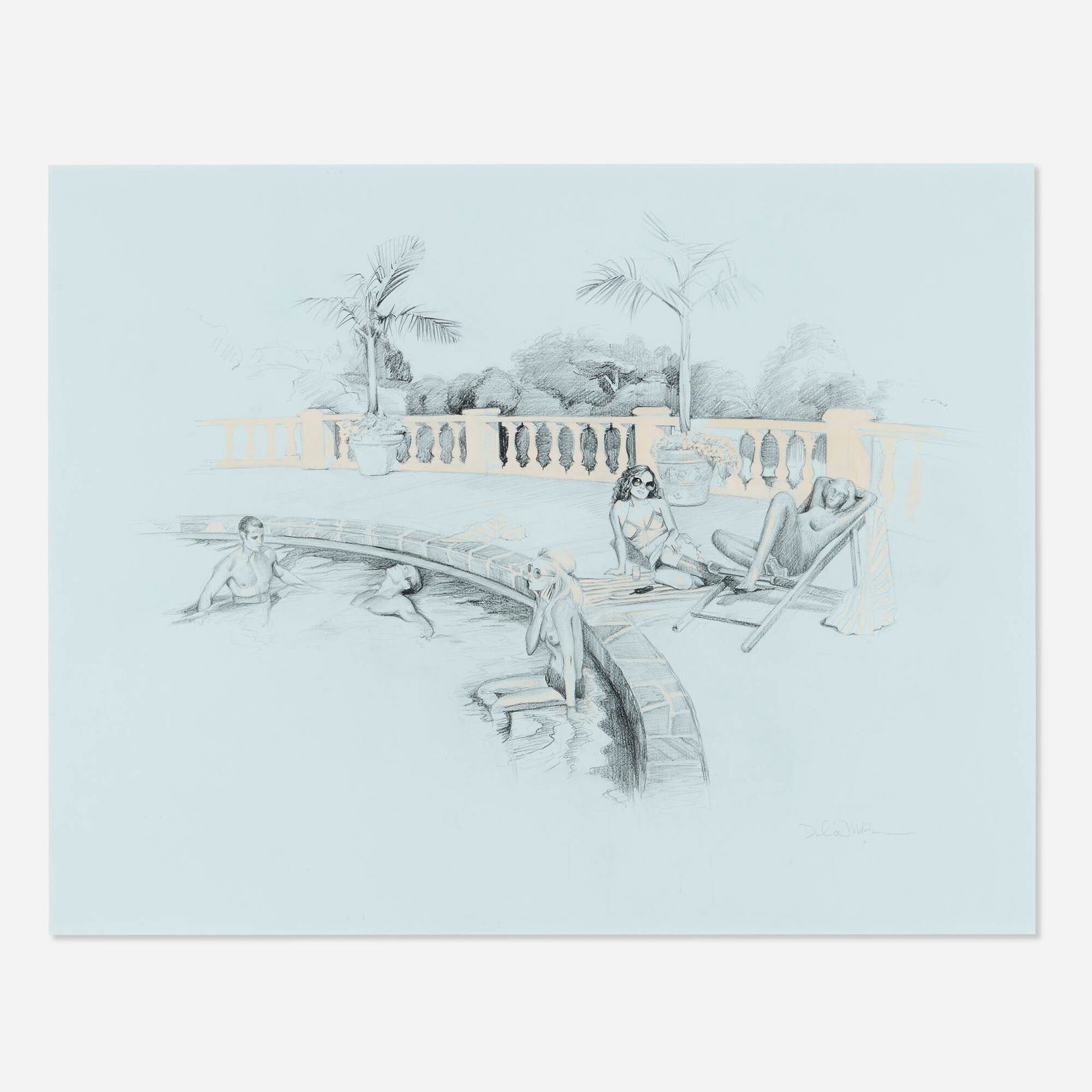 Delia Brown, Untitled Genre Scene (Poolside): Delia Brown Untitled Genre Scene (Poolside) 2000graphite and gouache on Canson paper sight: 19.25 h x 25 w in (49 x 63 cm) Signed to lower right 'Delia Brown'. Provenance: