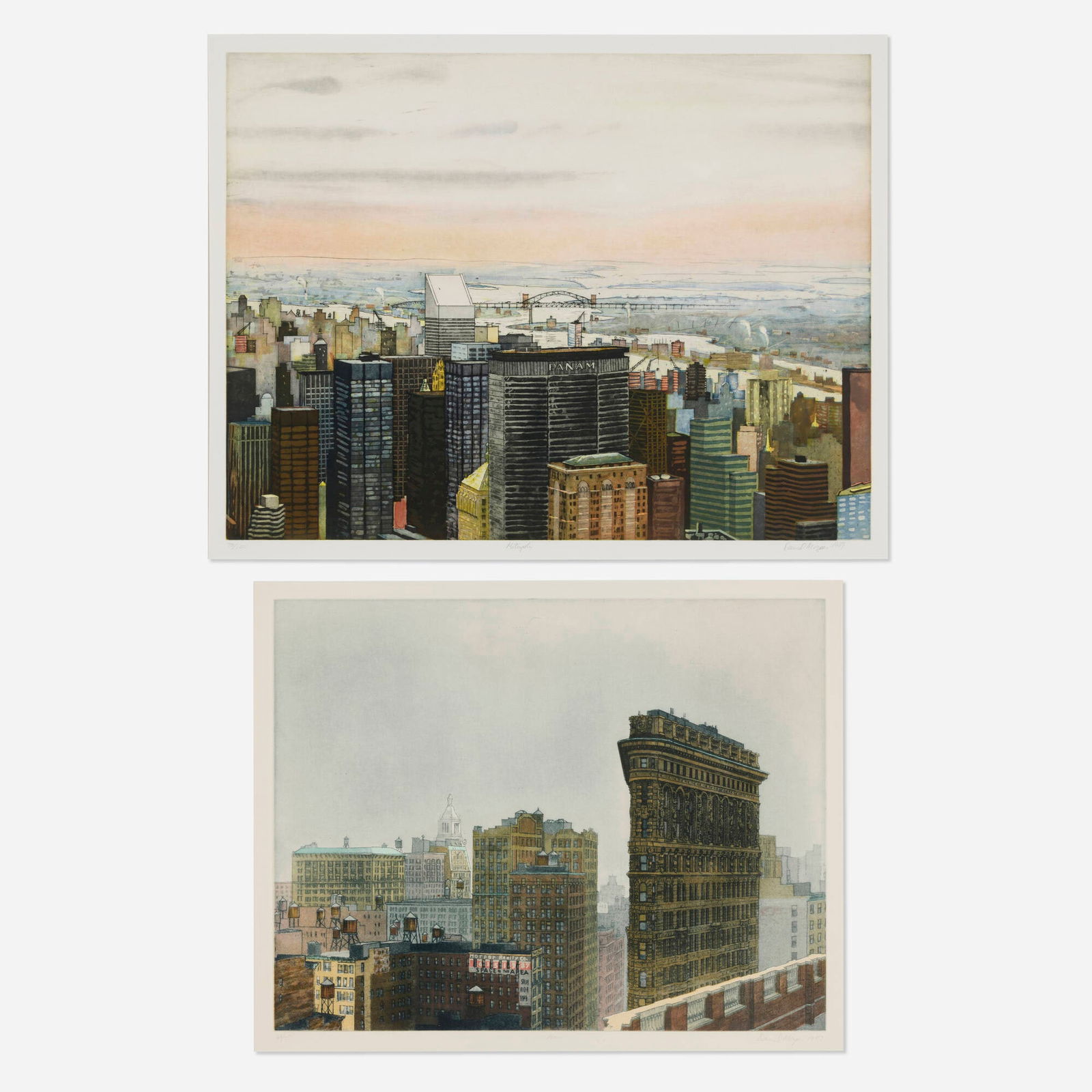 Daniel Morper, Prow; Metropolis (two works): Daniel Morper Prow; Metropolis (two works) 1987, 1989etching and aquatint in colors sight (largest): 28.5 h x 37 w in (72 x 94 cm) sight (smallest): 25.75 h x 32 w in (65 x 81 cm) Signed, t