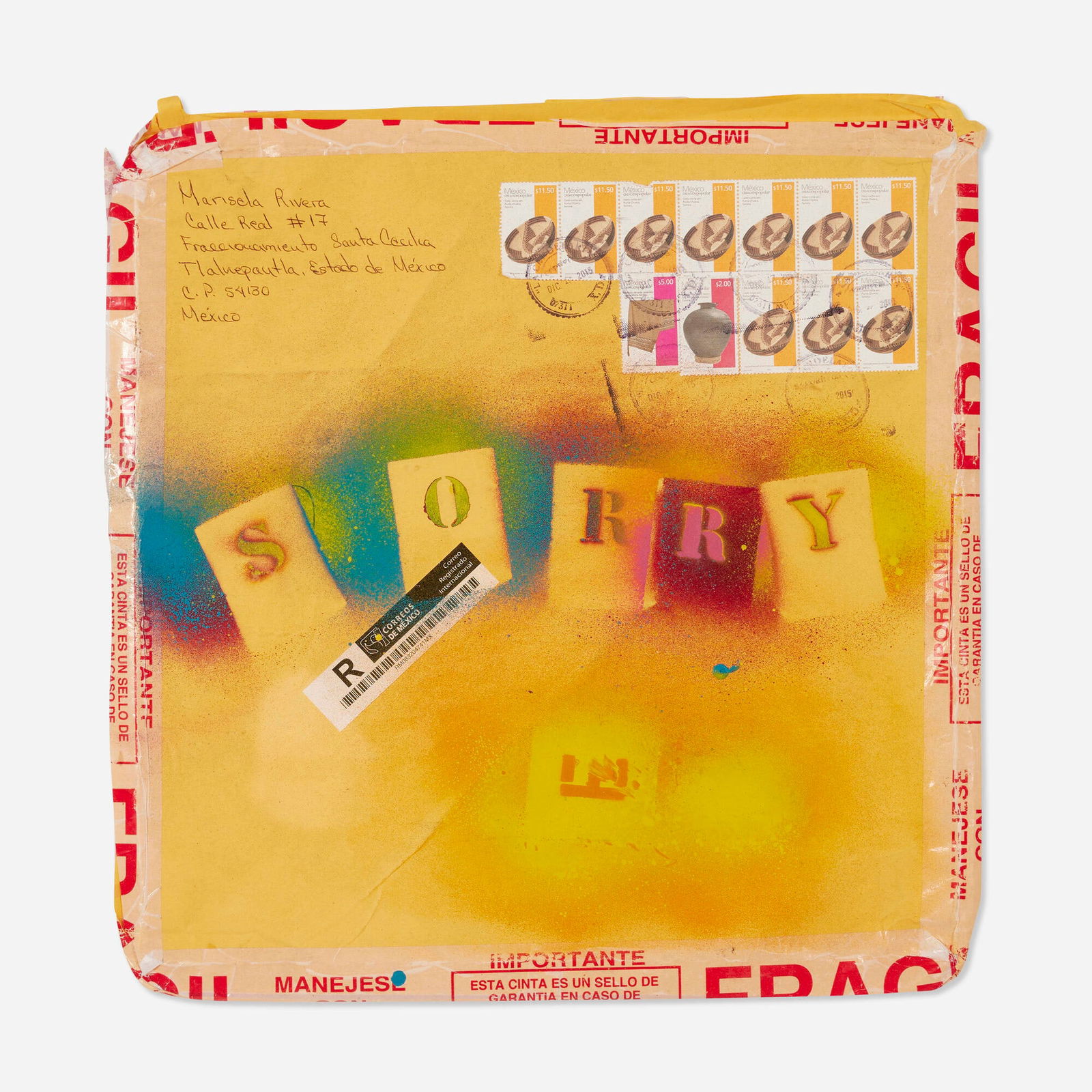 Dave Muller, Untitled (from the Sorry series): Dave Muller Untitled (from the Sorry series) 2015spray paint on found mailer 14.25 h x 13.75 w in (36 x 35 cm) Provenance: Acquired directly from the artist by the present own