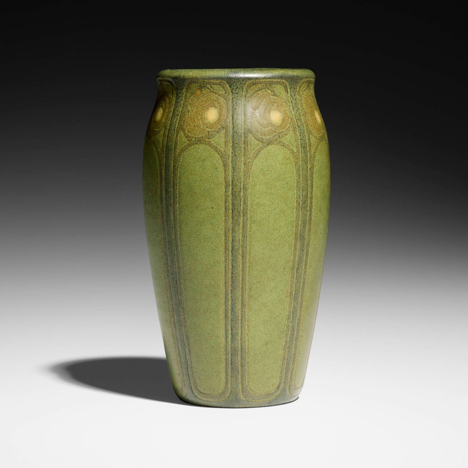 Arthur Hennessey and Sarah Tutt for Marblehead Pottery, Rare vase with conventionalized roses: Arthur Hennessey and Sarah Tutt for Marblehead Pottery Rare vase with conventionalized roses USA, c. 1910glazed and carved earthenware 7 h x 4 dia in (18 x 10 cm) Impressed manufacturer's mark