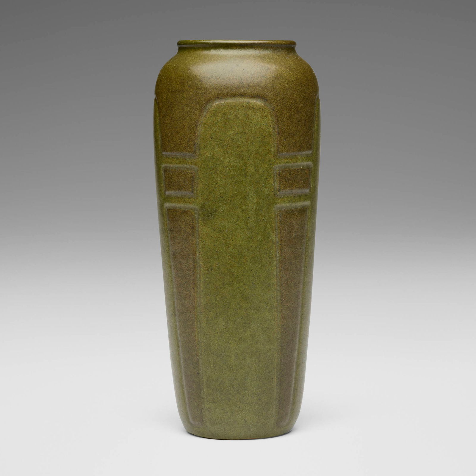 Arthur Hennessey and Sarah Tutt for Marblehead Pottery, Vase with geometric design: Arthur Hennessey and Sarah Tutt for Marblehead Pottery Vase with geometric design USA, 1908-16glazed earthenware 8.5 h x 3.5 dia in (22 x 9 cm) Impressed manufacturer's mark to underside 'MP'