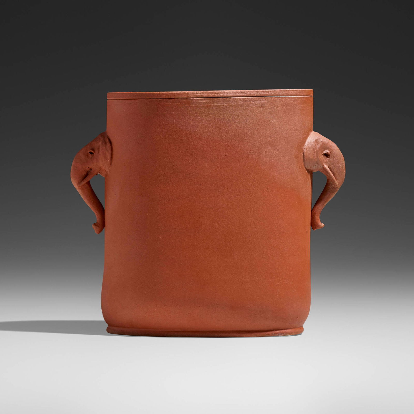 Alexander W. Robertson for Halcyon Art Pottery, Rare vase with elephant handles: Alexander W. Robertson for Halcyon Art Pottery Rare vase with elephant handles USA, 1911hand-modeled bisque earthenware 6 h x 6.5 w x 3.25 d in (15 x 17 x 8 cm) Incised signature and date to u