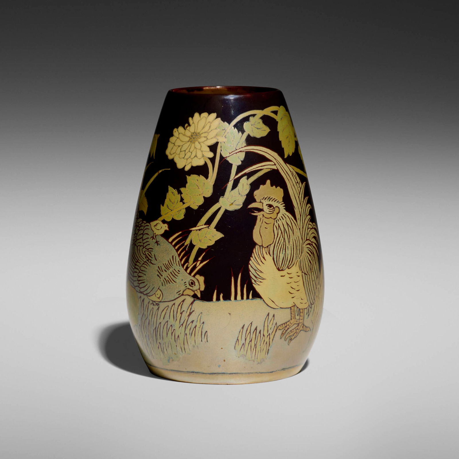 Zsolnay, Japonesque vase with rooster, hen, and chrysanthemums (1 of 5)