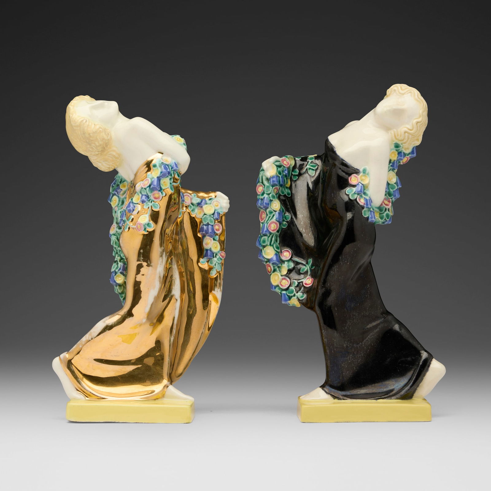 Michael Powolny for Wiener Keramik, Dancer, models 161 and 162 (two works): Michael Powolny for Wiener Keramik Dancer, models 161 and 162 (two works) c. 1912glazed and gilt earthenware 9.75 h x 5.5 w x 3.5 d in (25 x 14 x 9 cm) 9.375 h x 5.125 w x 3.5 d in (24 x 13 x 9 cm