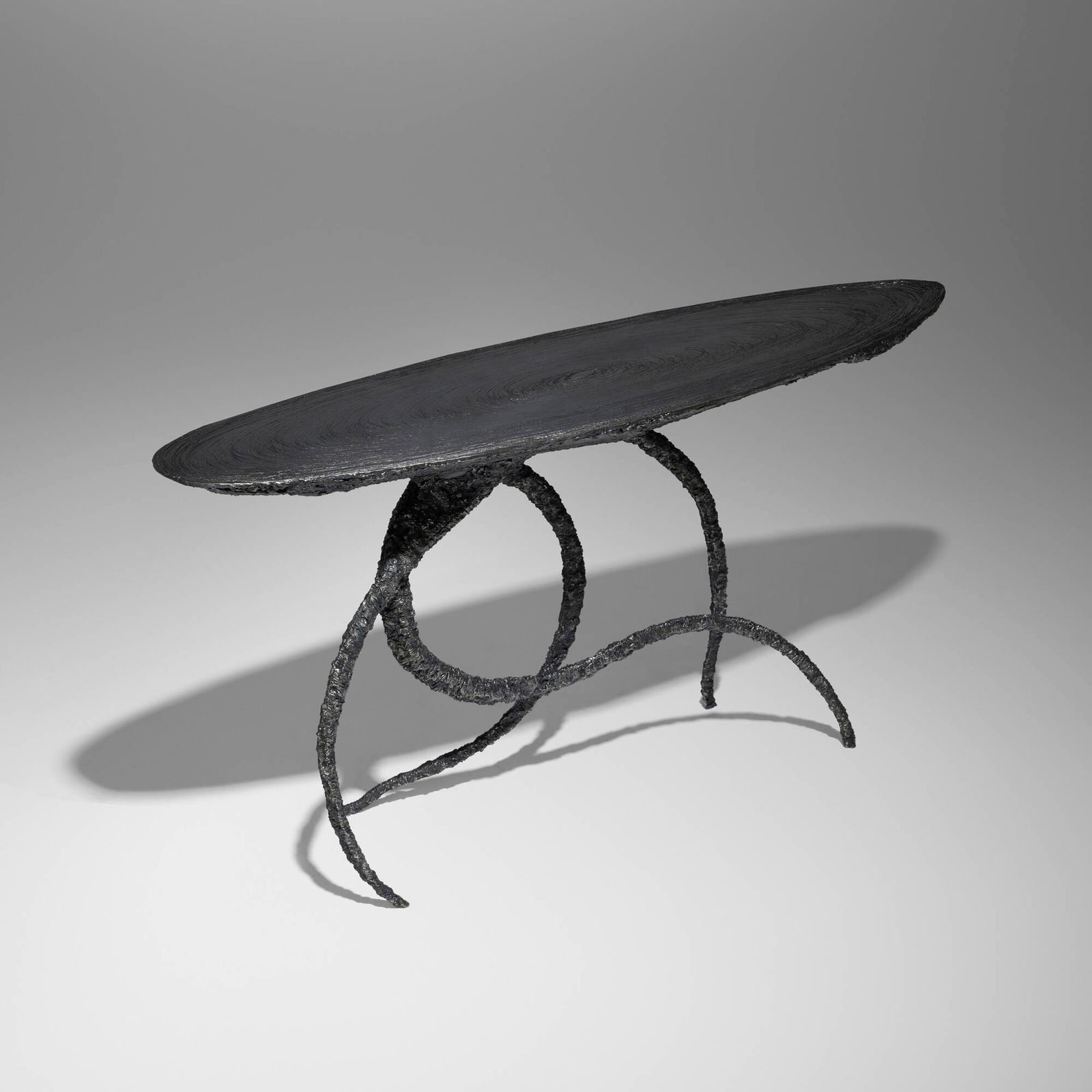 James Bearden, Medusa console table: James Bearden Medusa console table USA, 2025plasma-carved steel with metallic polywash finish 26.75 h x 48.5 w x 14.25 d in (68 x 123 x 36 cm) Incised signature to underside 'JB'.