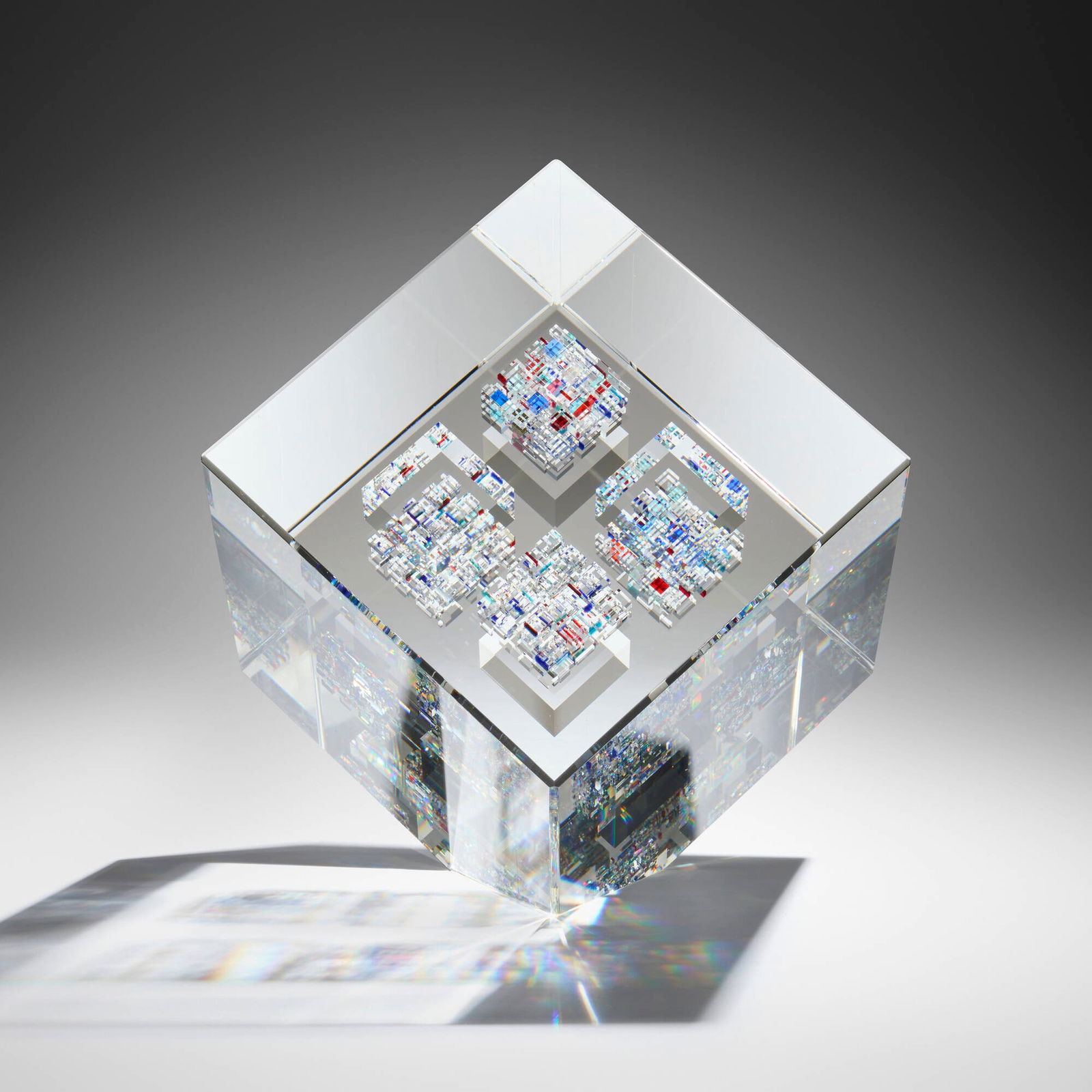 Jon Kuhn, Cleo's Jewels: Jon Kuhn Cleo's Jewels 1995ground, polished, and laminated glass overall: 13.75 h x 12.5 w x 12.5 d in (35 x 32 x 32 cm) cube: 9 h x 9 w x 9 d in (23 x 23 x 23 cm) Etched signature, title a