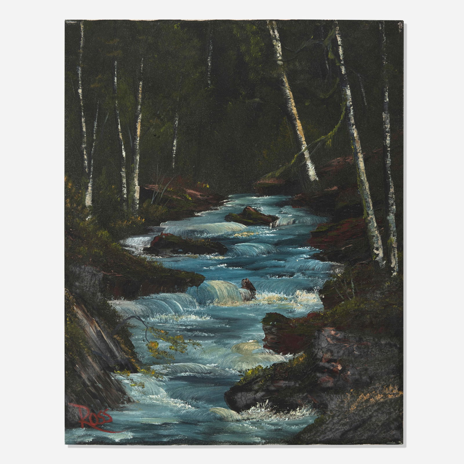 Bob Ross, Landscape with Stream: Bob Ross Landscape with Stream c. 1986oil on canvas with phosphorescent pigment 20 h x 16 w in (51 x 41 cm) Signed to lower left 'Ross'. Sold with a certificate of authenticity from Bob Ross,