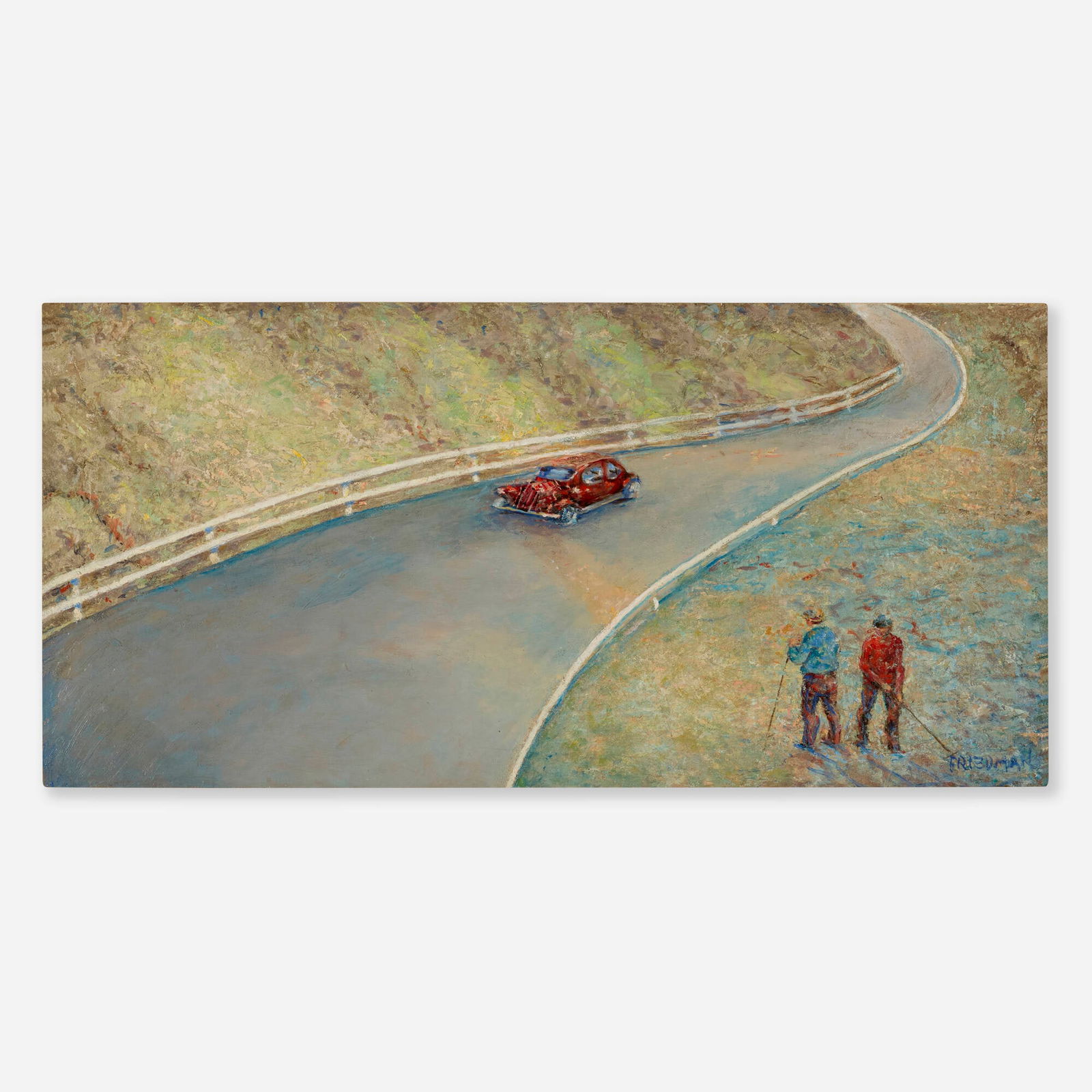 Arnold Friedman, Winding Road, Stoughton, MA.: Arnold Friedman Winding Road, Stoughton, MA. c. 1940 - 1945oil on board 18.25 h x 35.5 w in (46 x 90 cm) Signed to lower right 'Friedman'. Provenance: Zabriskie Gallery