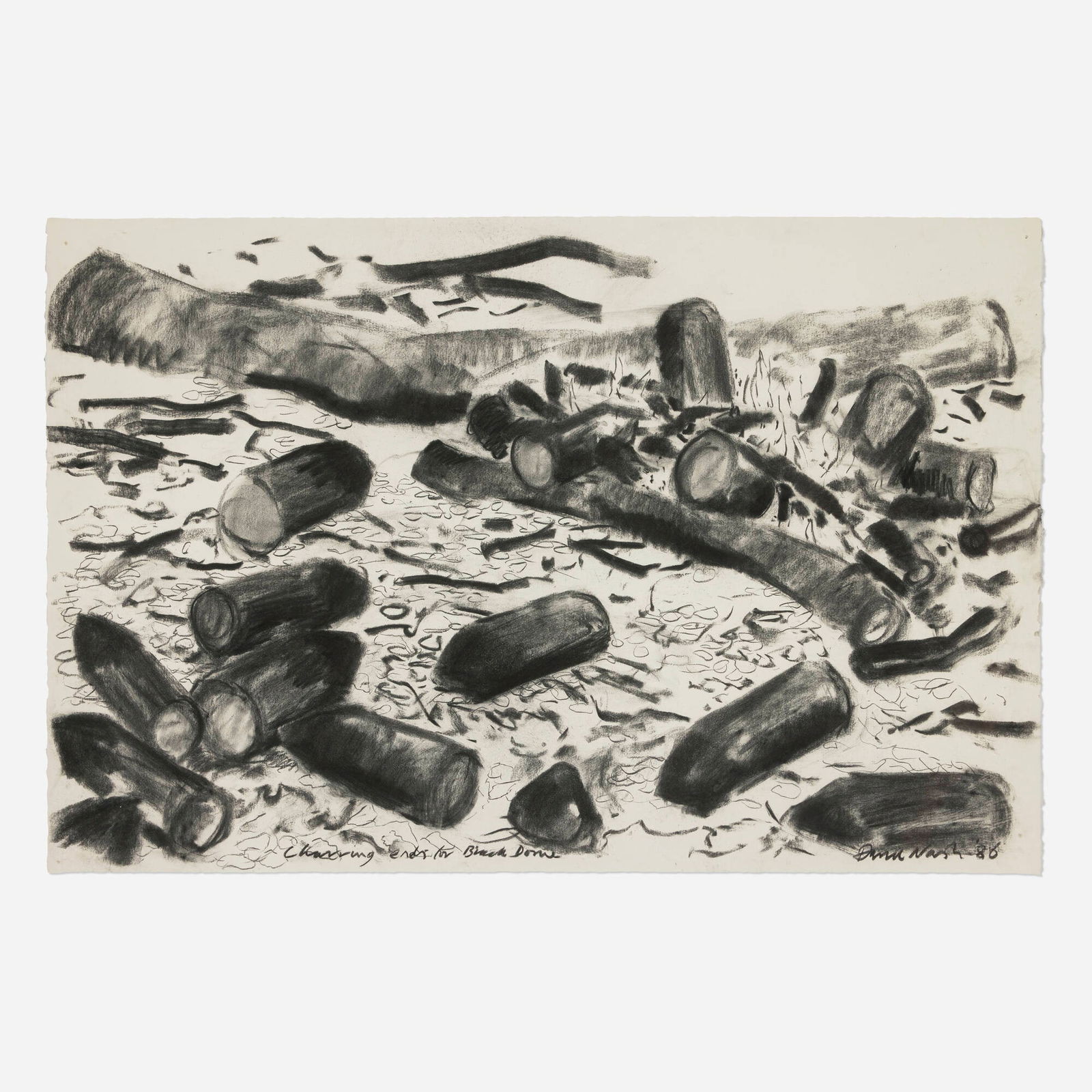 David Nash, Charring Ends for Black Dome: David Nash Charring Ends for Black Dome 1986charcoal on paper 31.5 h x 47.75 w in (80 x 121 cm) Signed, titled and dated to lower edge 'Charring Ends for Black Dome David Nash '86'.