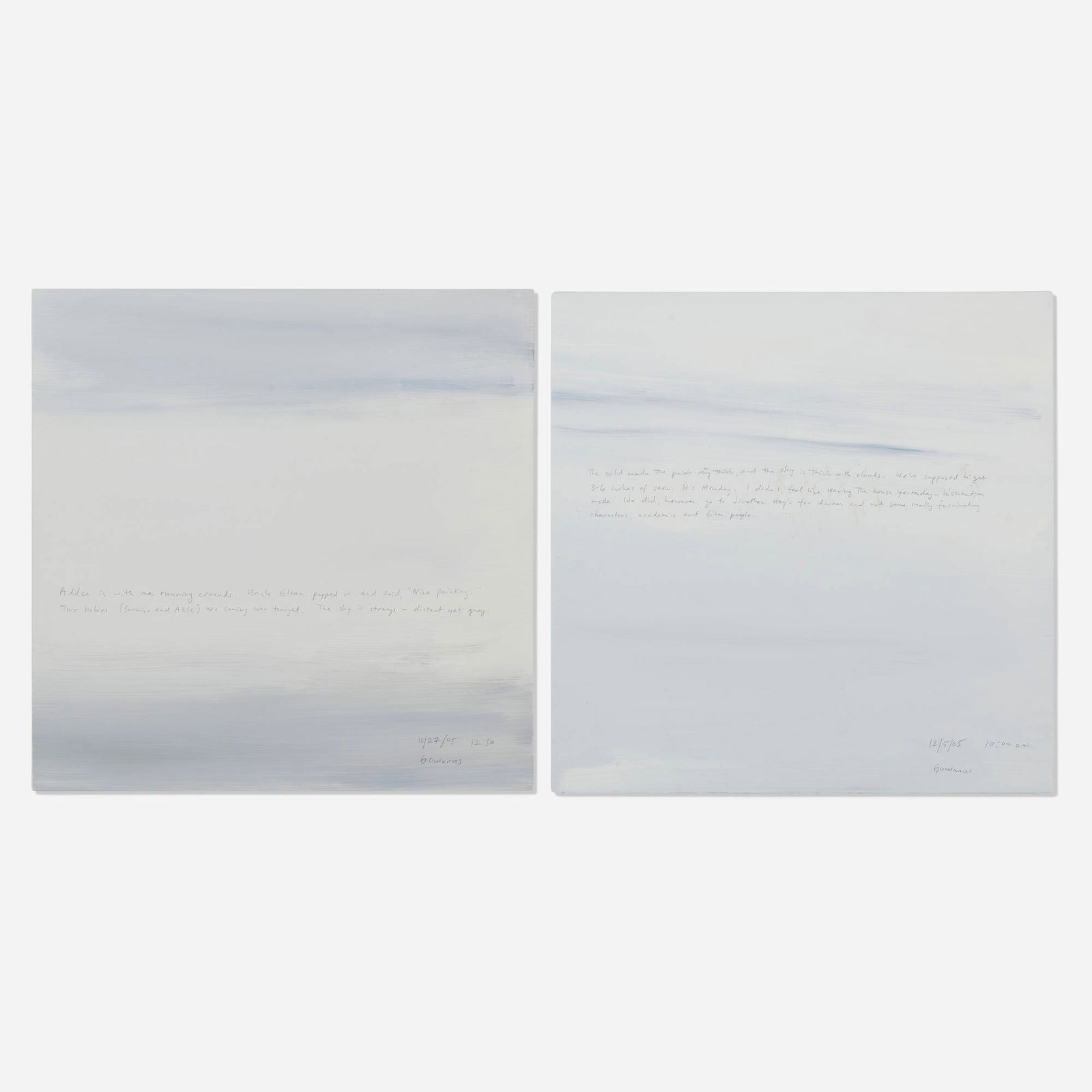 Byron Kim, Sunday Painting 11/27/05; Sunday Painting 12/5/05 (two works): Byron Kim Sunday Painting 11/27/05; Sunday Painting 12/5/05 (two works) 2005acrylic and graphite on canvas laid to panel each: 14.125 h x 14.125 w in (36 x 36 cm) Signed and dated to verso of