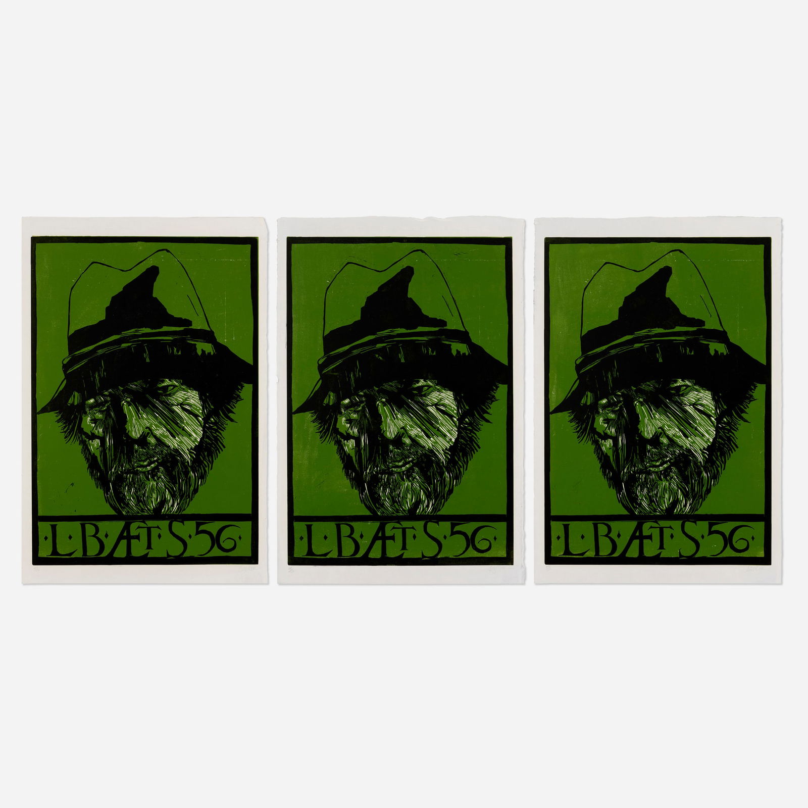 Leonard Baskin, Self-Portrait (three works): Leonard Baskin Self-Portrait (three works) 1956woodcut in colors image (each): 31.625 h x 22 w in (80 x 56 cm) sheet (each): 35.625 h x 24.125 w in (90 x 61 cm) Signed and numbered to lower