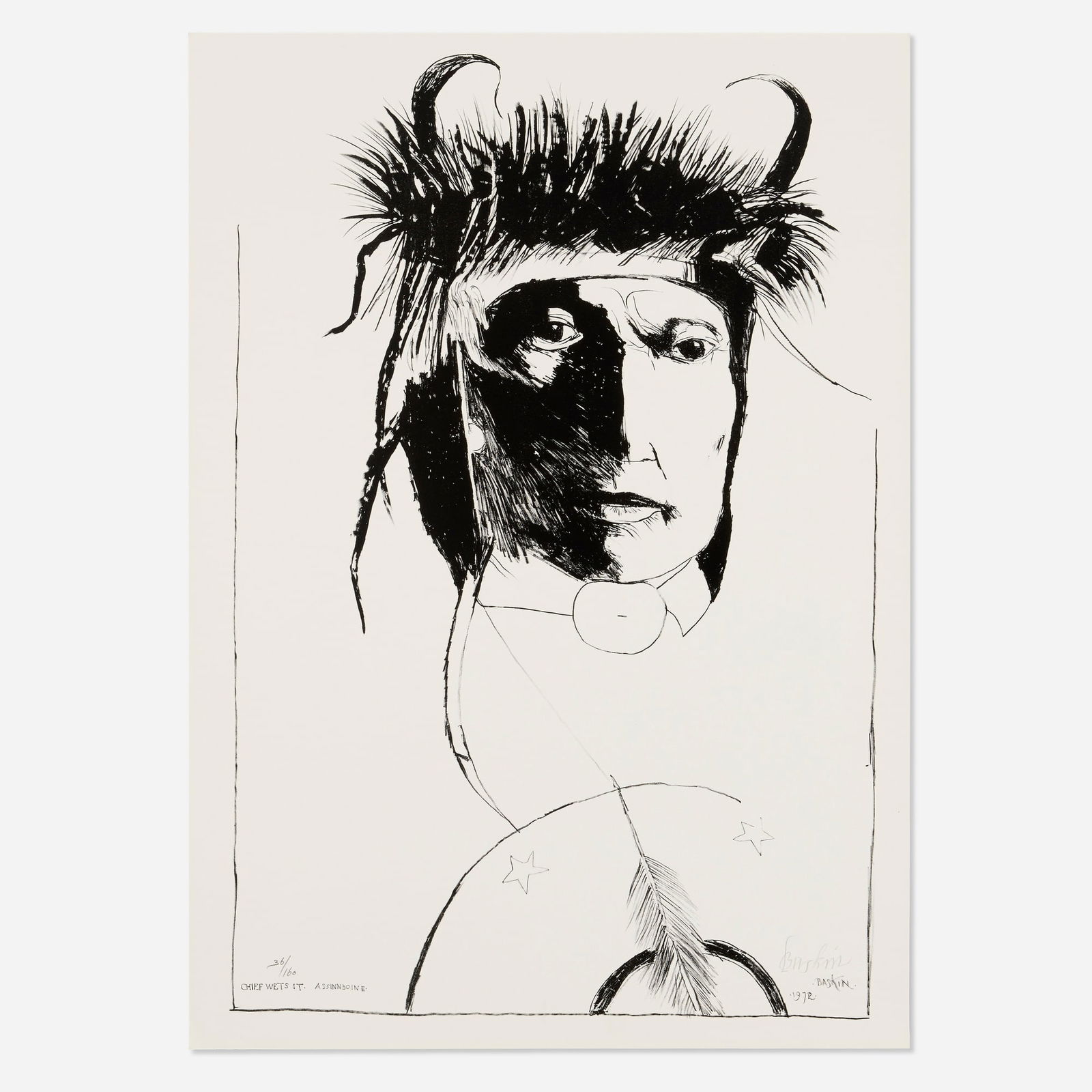 Leonard Baskin, Chief Wets It - Assinnboine: Leonard Baskin Chief Wets It - Assinnboine 1972lithograph image: 33.25 h x 22.25 w in (84 x 57 cm) sheet: 35 h x 25 w in (89 x 63 cm) Signed and numbered to lower edge '36/160 Baskin' with