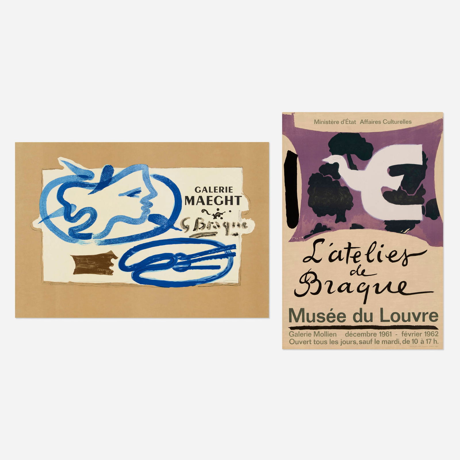 After Georges Braque, Two exhibition posters: After Georges Braque Two exhibition posters 1951, 1962lithograph in colors; lithograph in colors on Arches 19.625 h x 28.375 w in (50 x 72 cm) 28.75 h x 19.625 w in (73 x 50 cm) Lot consist
