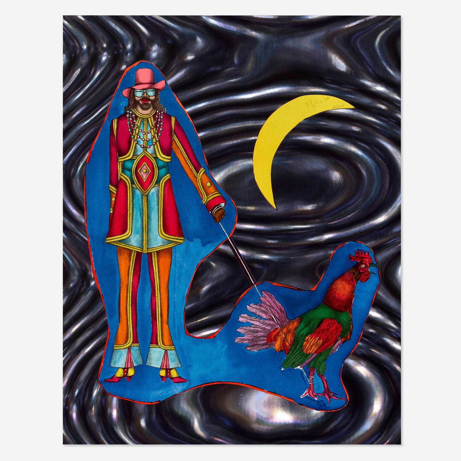 Richard Lindner, St. Marks (Man Walking a Rooster by a Crested Moon): Richard Lindner St. Marks (Man Walking a Rooster by a Crested Moon) 1971lithograph in colors collaged on Rowlux 25.125 h x 19.875 w in (64 x 50 cm) Signed and numbered to upper right 'R Lindne