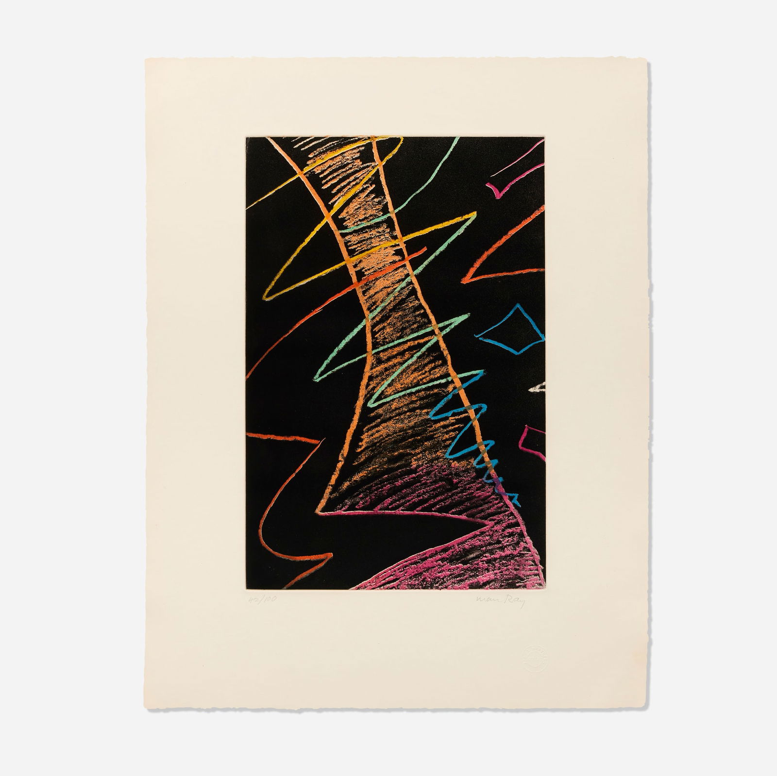 Man Ray, On the Moon: Man Ray On the Moon 1967etching and aquatint in colors on Lana image: 17.75 h x 11.75 w in (45 x 30 cm) sheet: 26 h x 20 w in (66 x 51 cm) Signed and numbered to lower edge '42/100 Man Ray'