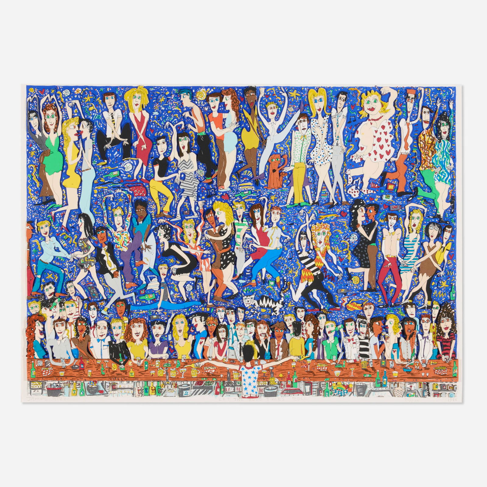 James Rizzi, Let the Good Times Roll: James Rizzi Let the Good Times Roll 19883-D screenprint in colors on BFK Rives image: 26 h x 36 w in (66 x 91 cm) sight: 26.5 h x 36.75 w in (67 x 93 cm) Signed, titled, dated and numbered
