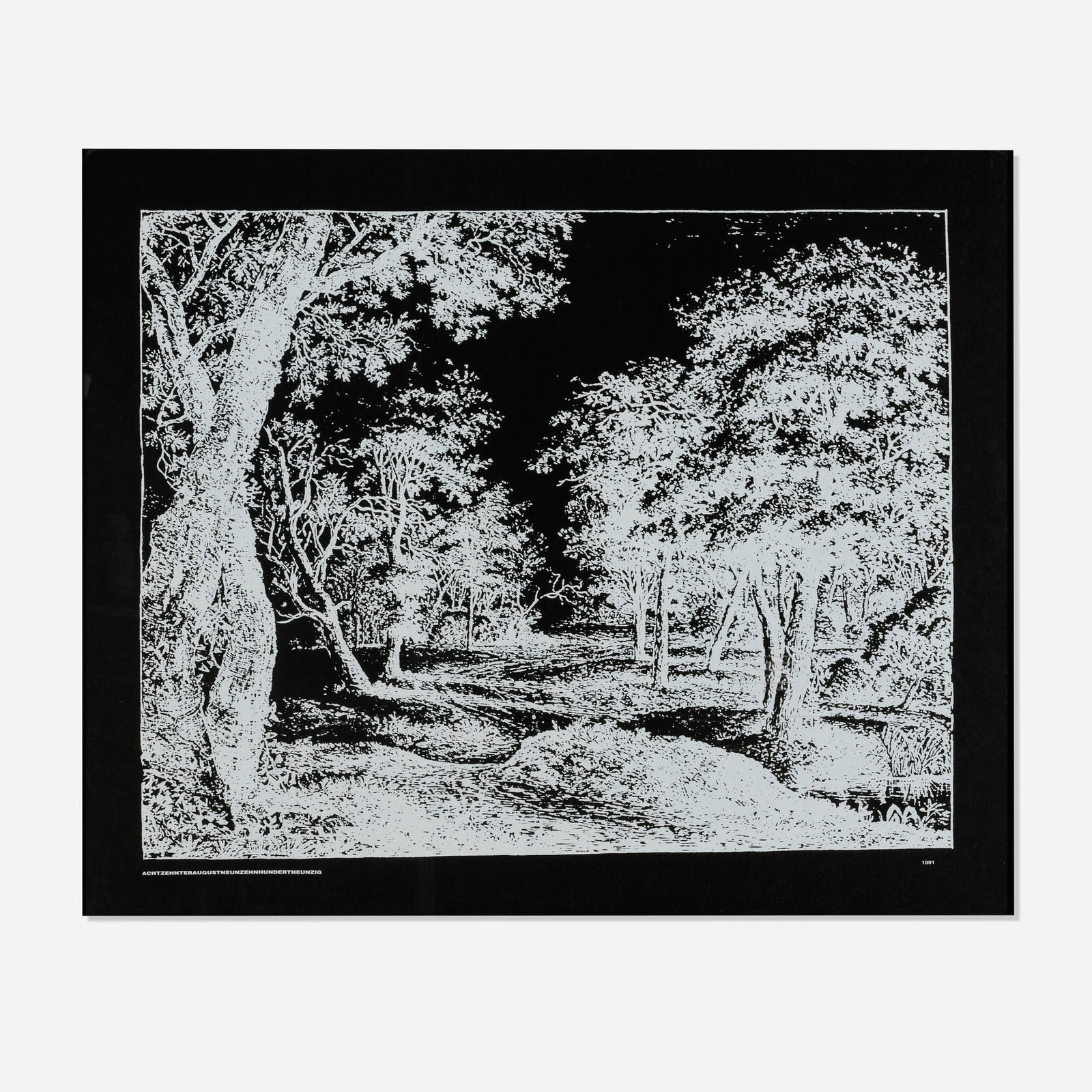 Ugo Rondinone, ACHTZEHNTERAUGUSTNEUNZEHNHUNDERTNEUNZIG (18 August 1990): Ugo Rondinone ACHTZEHNTERAUGUSTNEUNZEHNHUNDERTNEUNZIG (18 August 1990) 1991screenprint image: 31 h x 39.25 w in (79 x 100 cm) sight: 36.5 h x 44.75 w in (93 x 114 cm) This work is from the