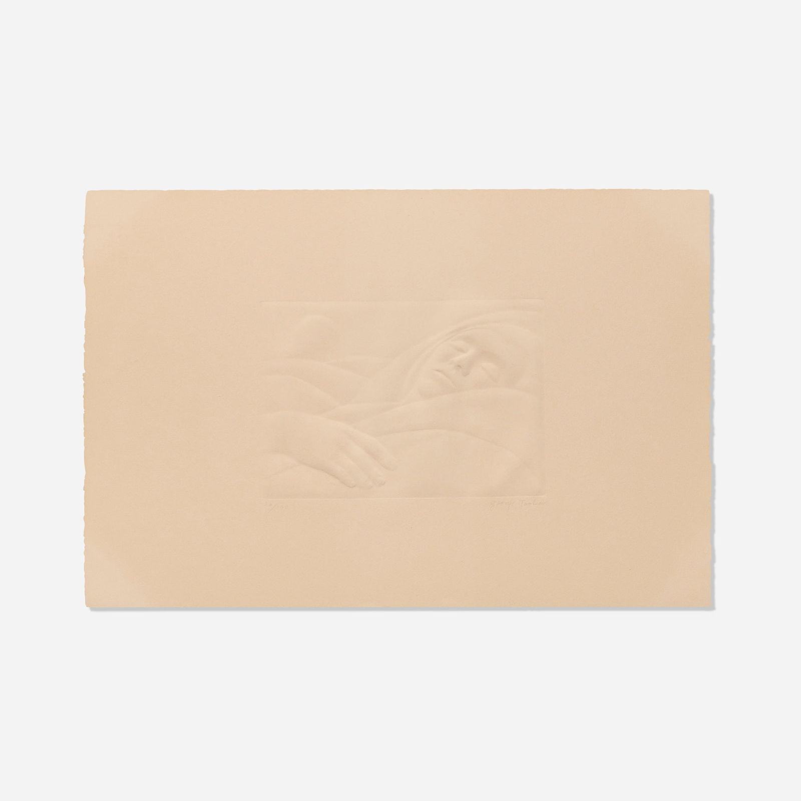 George Tooker, Repose (Sleep): George Tooker Repose (Sleep) 1976embossing on Arches image: 7 h x 10 w in (18 x 25 cm) sheet: 15 h x 22.375 w in (38 x 57 cm) Signed and numbered to lower edge '26/150 George Tooker'. This