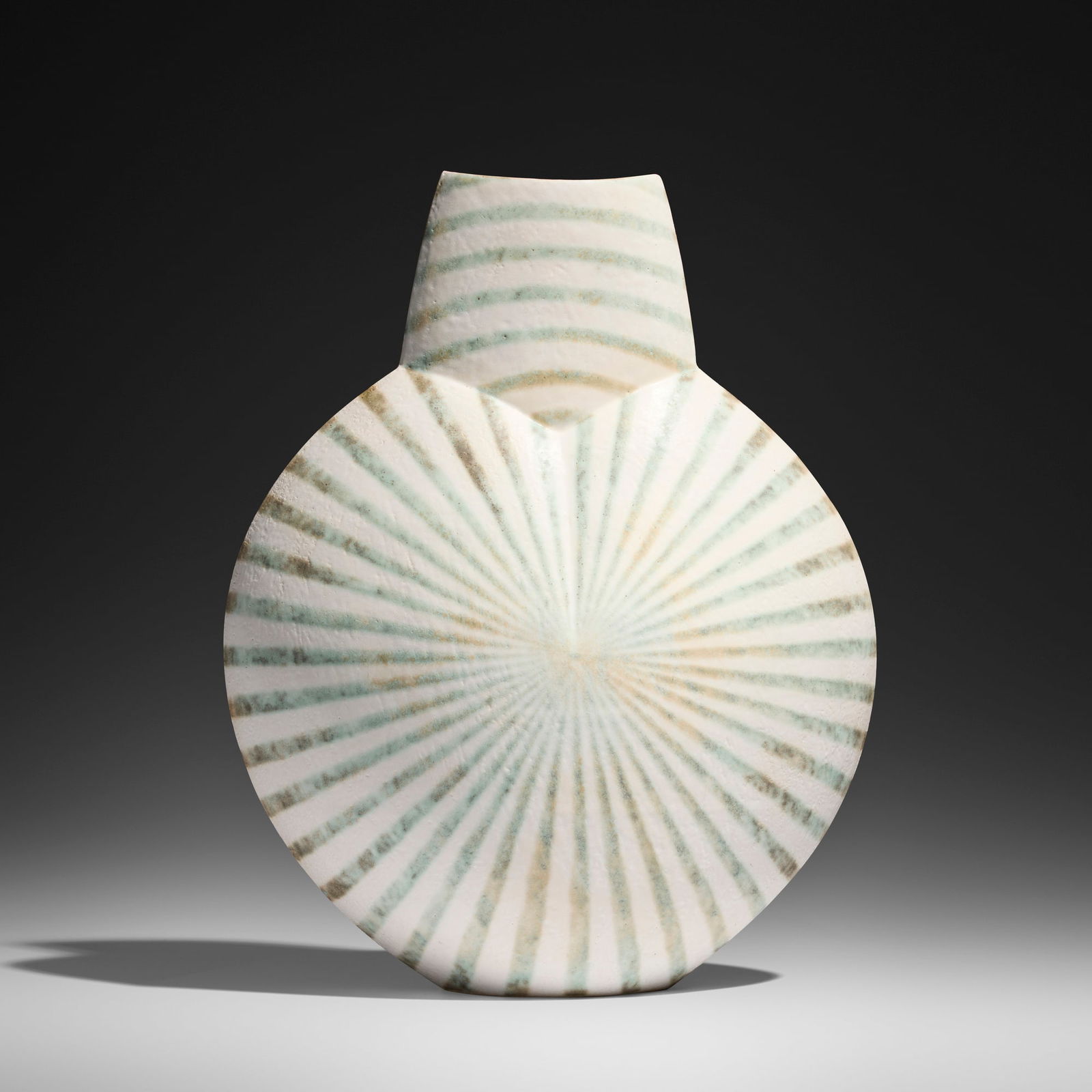 John Ward, Monumental Disc Pot with Green Banded Design: John Ward Monumental Disc Pot with Green Banded Design 2001glazed stoneware 19 h x 15.5 w in (48 x 39 cm) Impressed artist's chop mark to underside 'JW'. Sold with a signed card from the artis