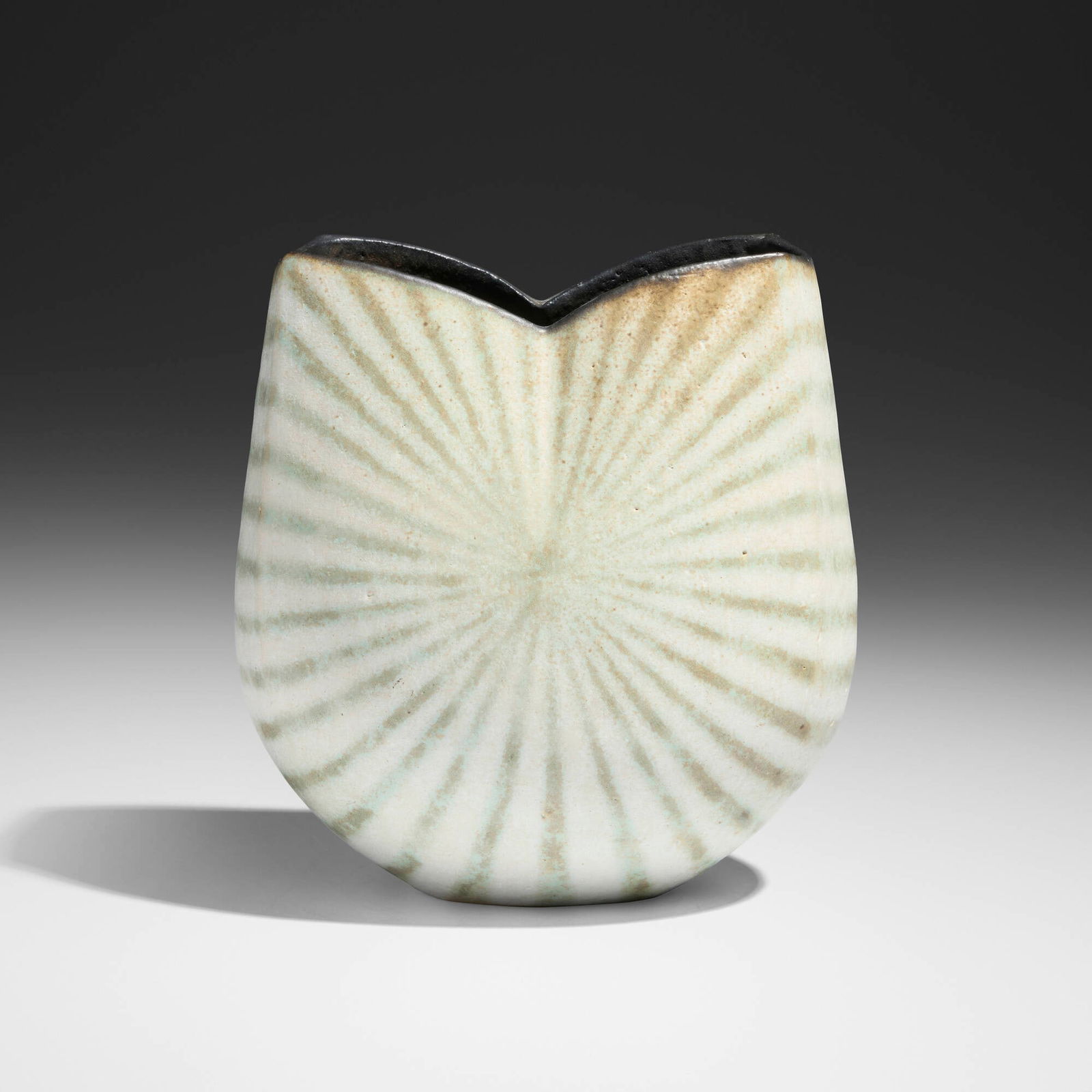 John Ward, Striped Pillow Form with Cut Rim: John Ward Striped Pillow Form with Cut Rim c. 1995glazed stoneware 6.5 h x 6 w x 4.75 d in (17 x 15 x 12 cm) Impressed artist's chop mark to underside 'JW'. Provenance: