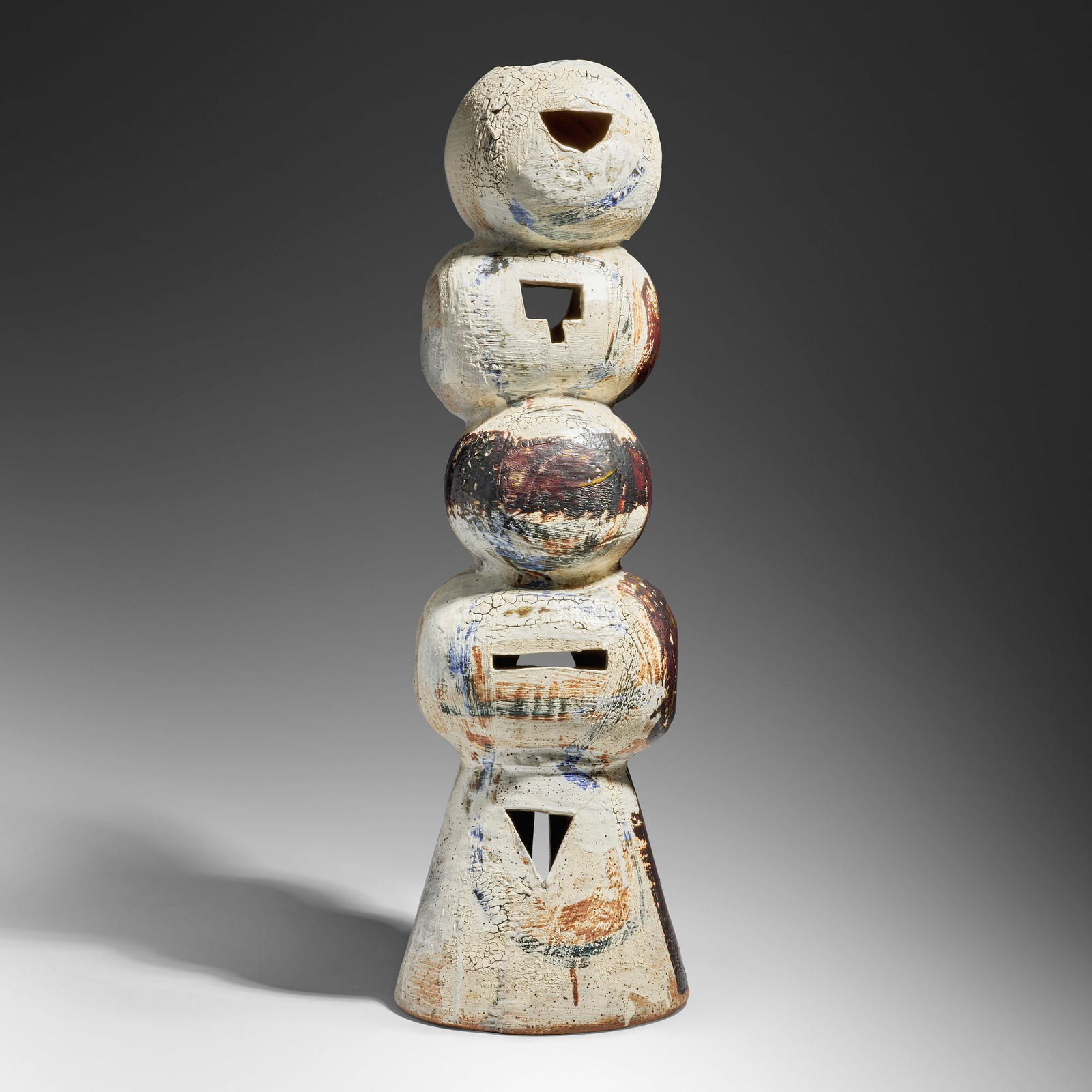 Peter Voulkos, Untitled: Peter Voulkos Untitled 1956stoneware with glazes and slips 33.75 h x 10.5 dia in (86 x 27 cm) Slip signature and date to underside 'Voulkos 56'. This work is registered in the Voulkos and Co.