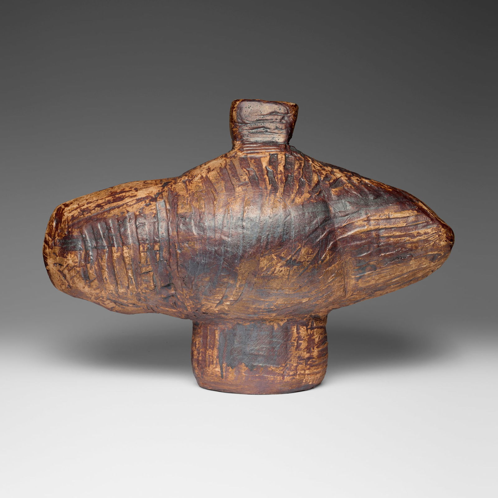 Peter Voulkos, Untitled (Vase): Peter Voulkos Untitled (Vase) 1957glazed stoneware 20 h x 29 w x 14 d in (51 x 74 x 36 cm) Incised signature and date to lower edge 'Voulkos 57'. This work is registered in the Voulkos and Co.