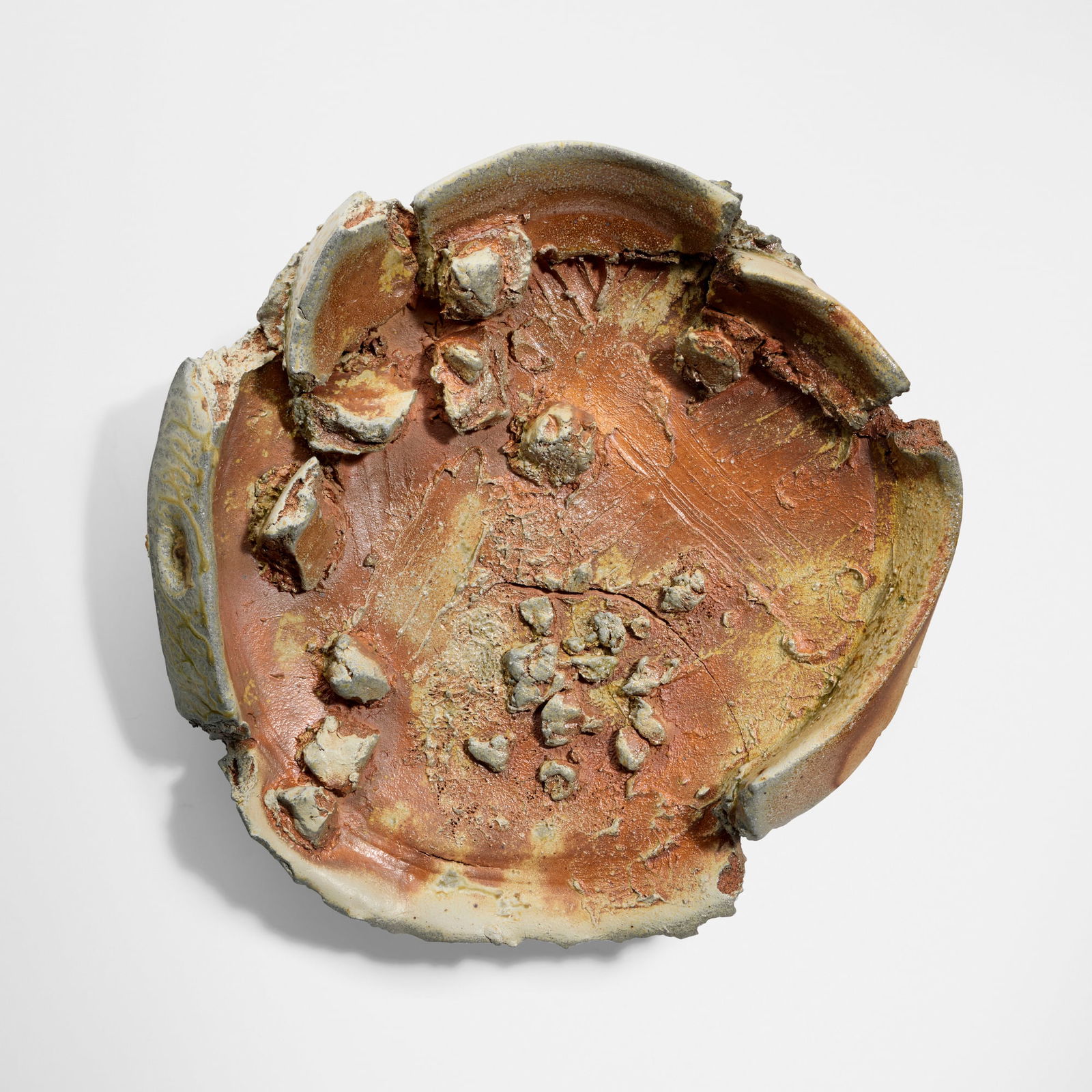 Peter Voulkos, Untitled (Plate): Peter Voulkos Untitled (Plate) 1997soda-fired stoneware 5.25 h x 22 dia in (13 x 56 cm) This work was made and fired at Anderson Ranch, Aspen, CO. Incised signature and date to undersid