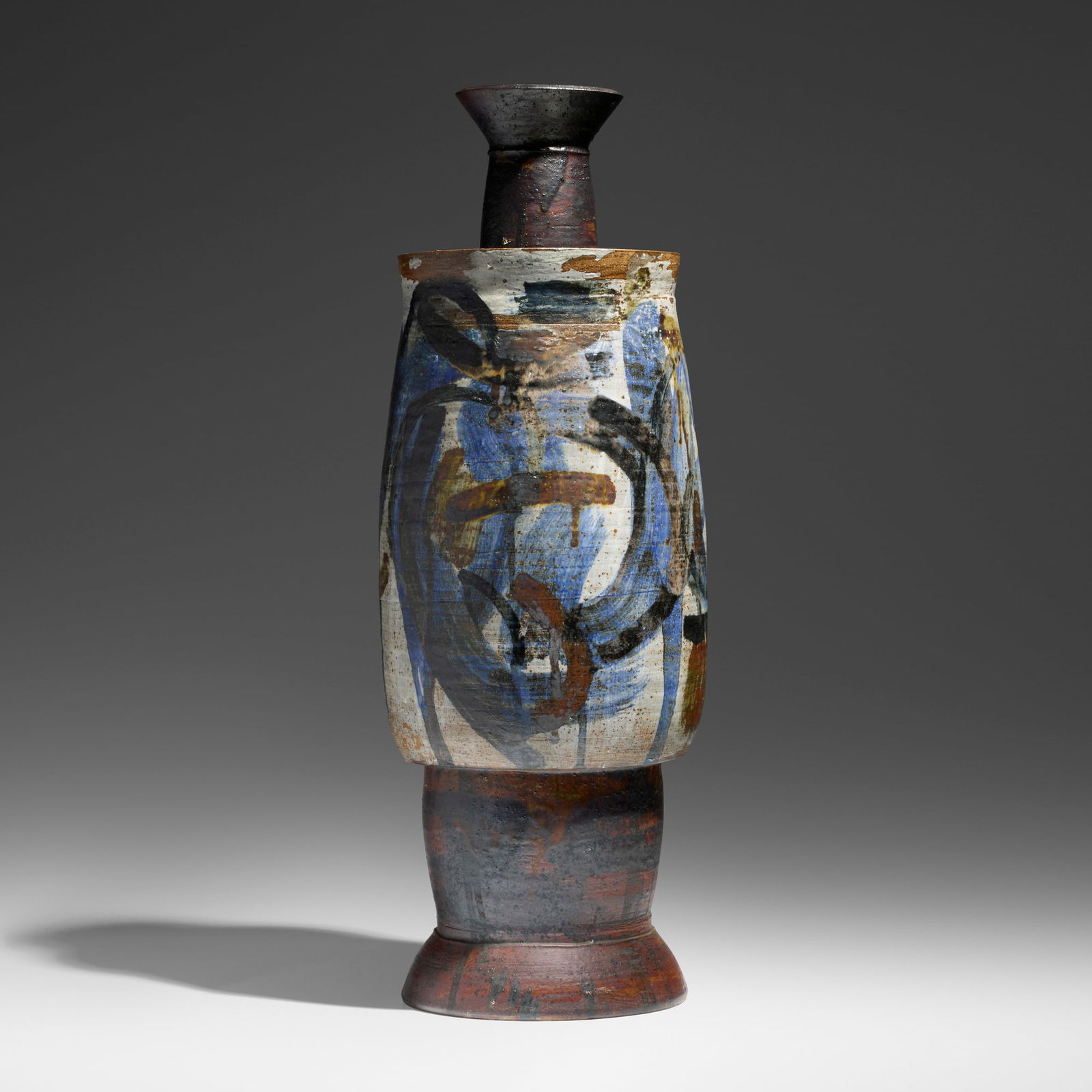 Peter Voulkos, Untitled (Tall Covered Jar): Peter Voulkos Untitled (Tall Covered Jar) 1956glazed stoneware with iron and white slips 29.25 h x 10.5 dia in (74 x 27 cm) Slip signature to underside of base 'Voulkos'. This work is register