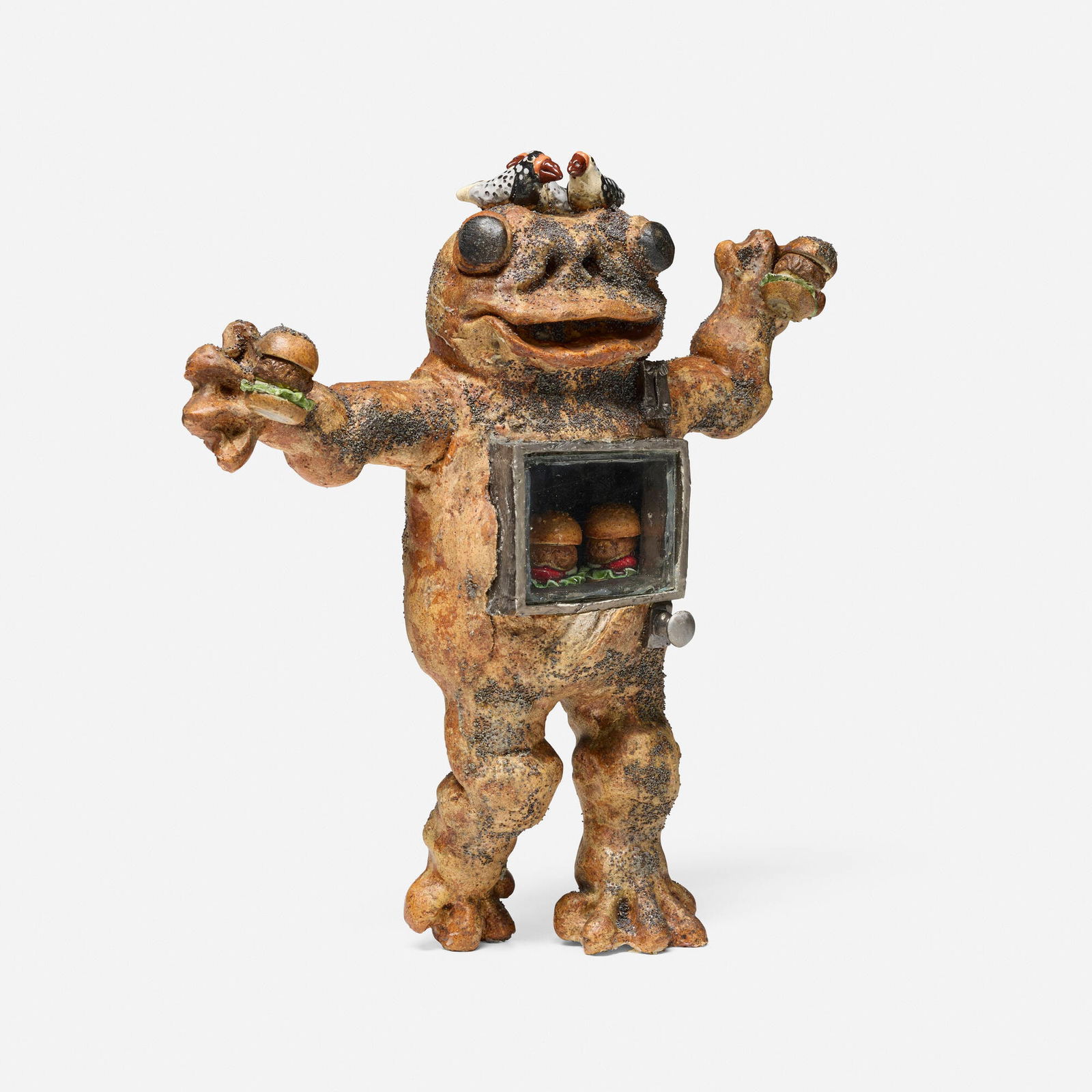 David Gilhooly, Bread Frog with Burgers: David Gilhooly Bread Frog with Burgers 1977glazed earthenware, mixed media 18.375 h x 16.5 w x 6.5 d in (47 x 42 x 17 cm) Signed to verso 'Gilhooly'. Sold with a digital copy of the invoice fr