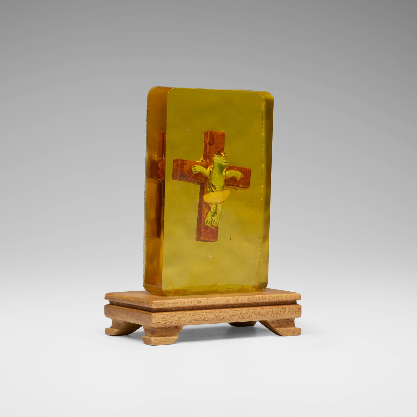 David Gilhooly, Tribute to Andres Serrano: Crucifrog in Urine: David Gilhooly Tribute to Andres Serrano: Crucifrog in Urine 1991glazed earthenware in acrylic 1 h x 4.75 w x 2.875 d in (3 x 12 x 7 cm) Incised signature and date to reverse of cross 'Gilhool