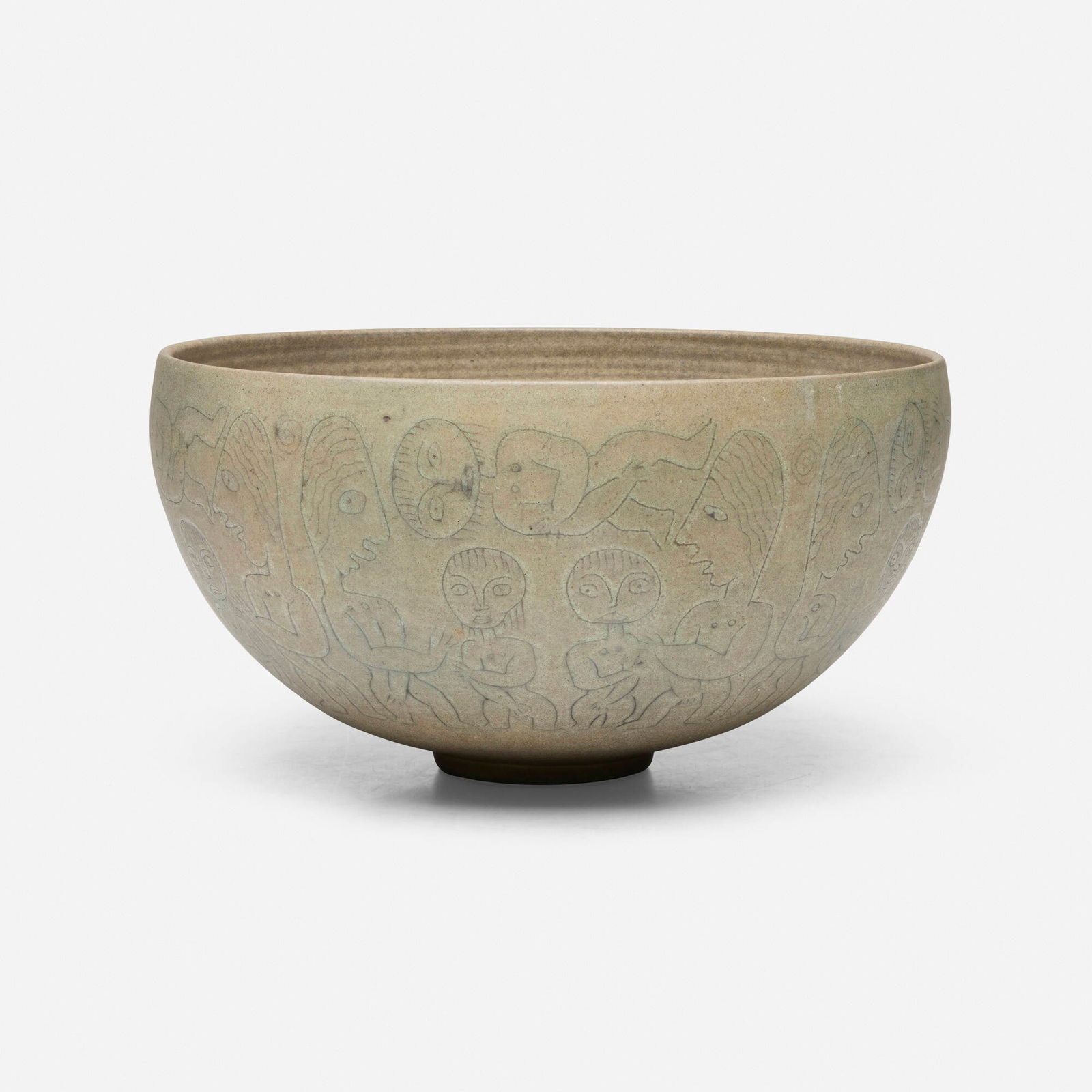Edwin and Mary Scheier, Early and Large bowl with figures: Edwin and Mary Scheier Early and Large bowl with figures USA, c. 1965glazed stoneware 7 h x 13 dia in (18 x 33 cm) Incised signature to underside 'Scheier'. Provenance: