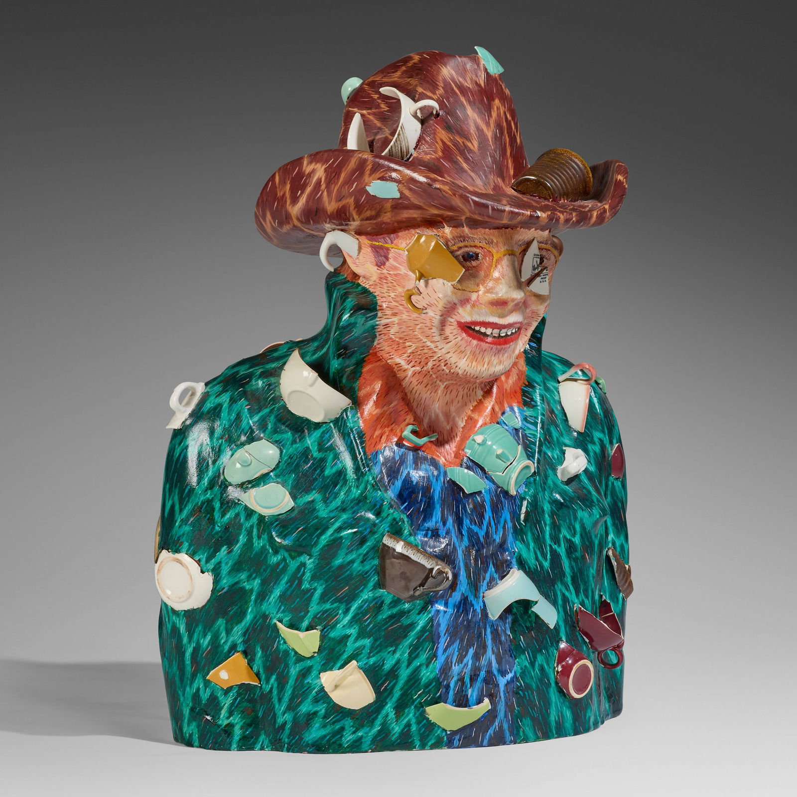 Ken Little, Fit to Kill: Ken Little Fit to Kill 1979glazed ceramic with shards and oil paint 31.5 h x 24 w x 21 d in (80 x 61 x 53 cm) Incised signature, title and date to reverse 'Fit to Kill Ken 79'.