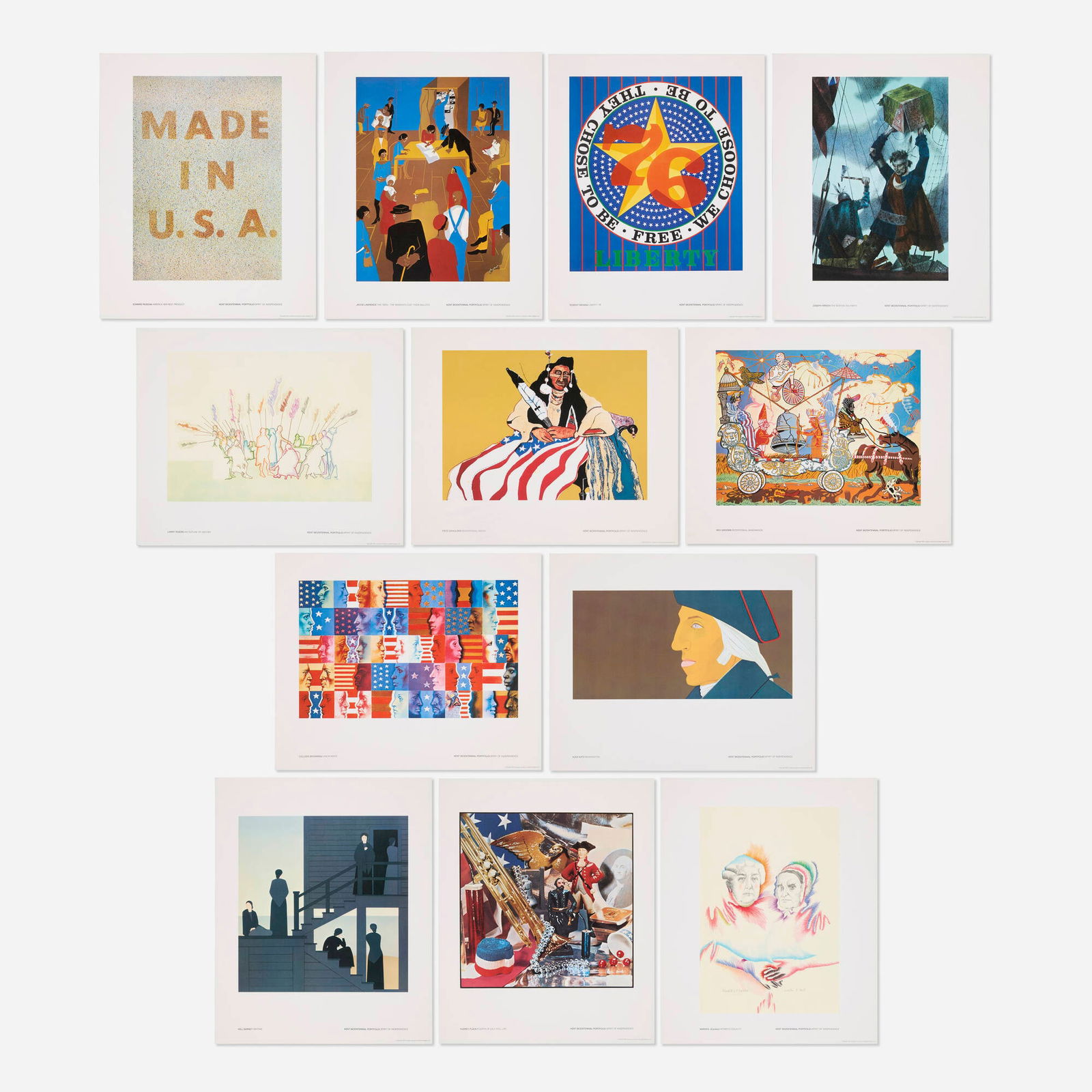 Various Artists, Kent Bicentennial Portfolio: Spirit of Independence: Various Artists Kent Bicentennial Portfolio: Spirit of Independence 1975offset lithograph in colors sheet (each): 17.125 h x 14 w in (43 x 36 cm) Lot consists of works by Will Barnet, Larry Ri