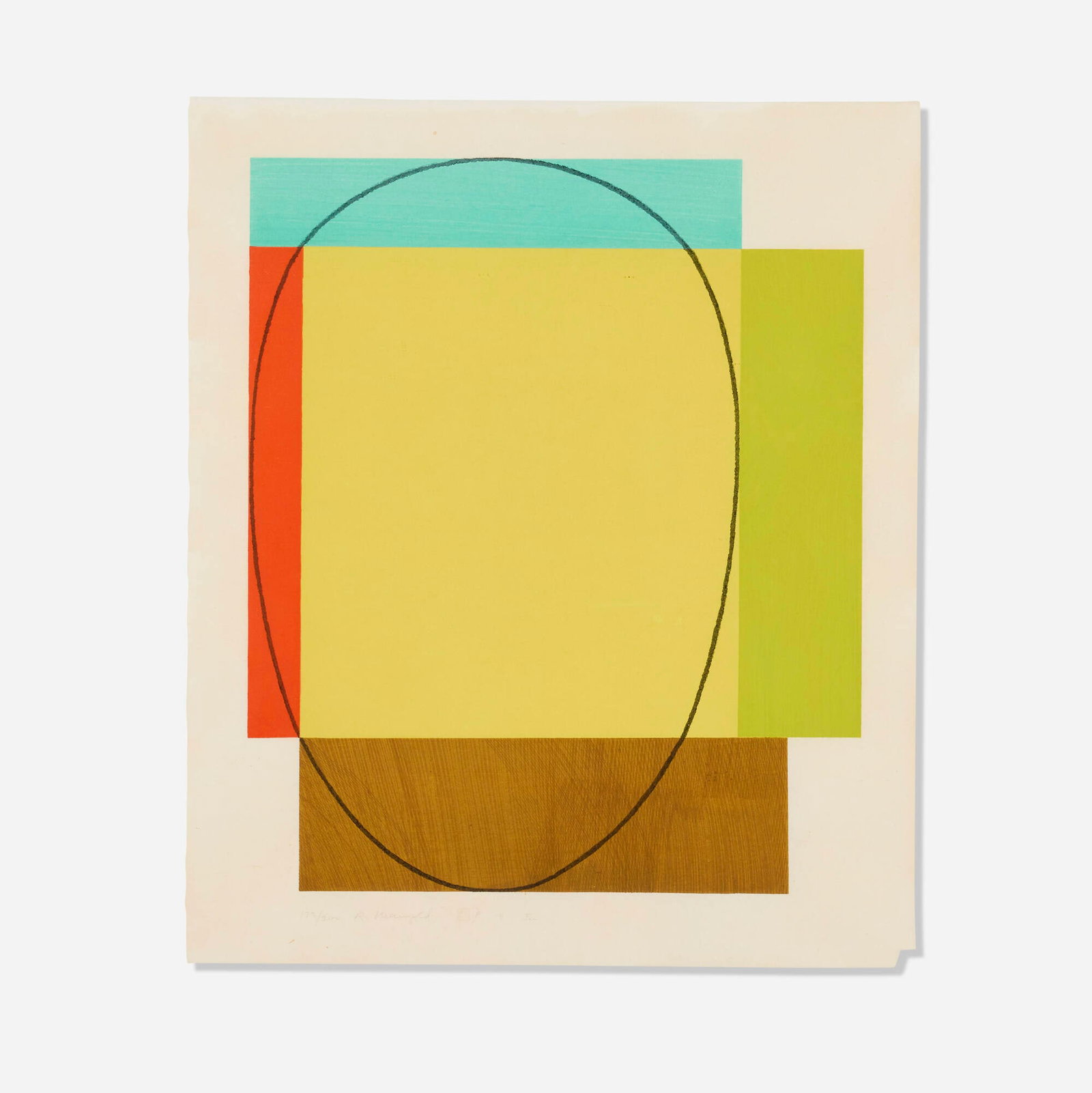 Robert Mangold, Five Color Frame: Robert Mangold Five Color Frame 1985woodcut in colors on Echizen Kozo image: 20.75 h x 17.5 w in (53 x 44 cm) sheet: 25 h x 21 w in (63 x 53 cm) Signed and numbered to lower left '173/200 R