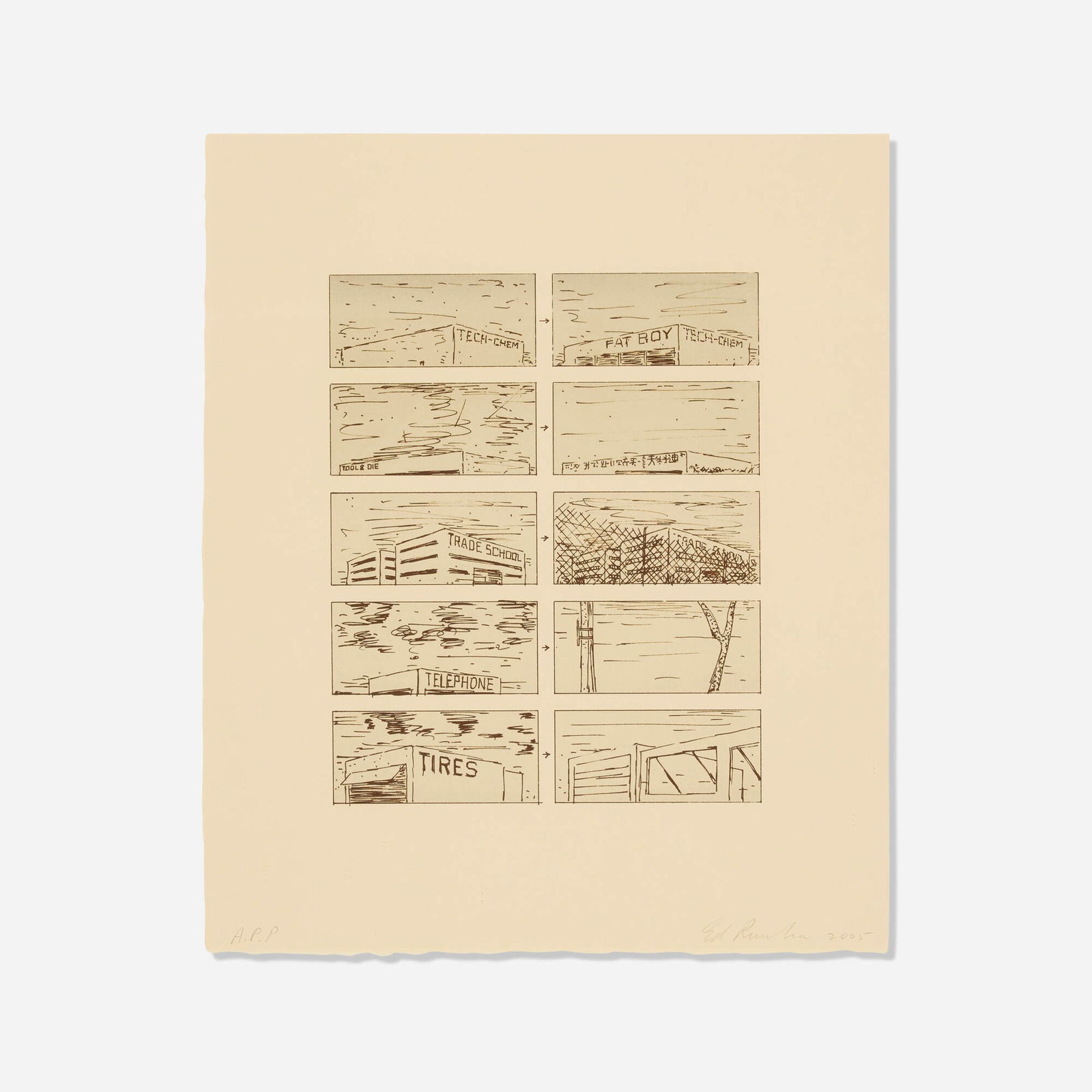 Ed Ruscha, Brown Course of Empire: Ed Ruscha Brown Course of Empire 2005lithograph on BFK Rives image: 11.5 h x 9.325 w in (29 x 24 cm) sheet: 18 h x 15 w in (46 x 38 cm) Signed, dated and numbered to lower edge 'A.P. P. Ed