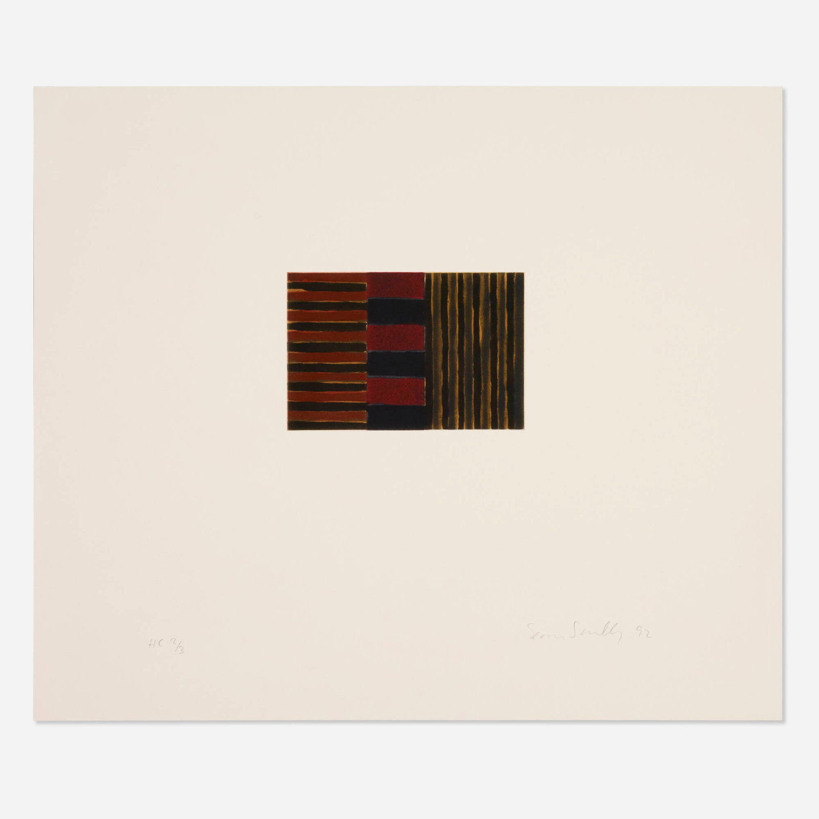 Sean Scully, Heart of Darkness 8 (from the Heart of Darkness portfolio): Sean Scully Heart of Darkness 8 (from the Heart of Darkness portfolio) 1992etching and aquatint in colors on Lana Royal image: 4.5 h x 7 w in (11 x 18 cm) sheet: 18.5 h x 21.875 w in (47 x 56 cm)<