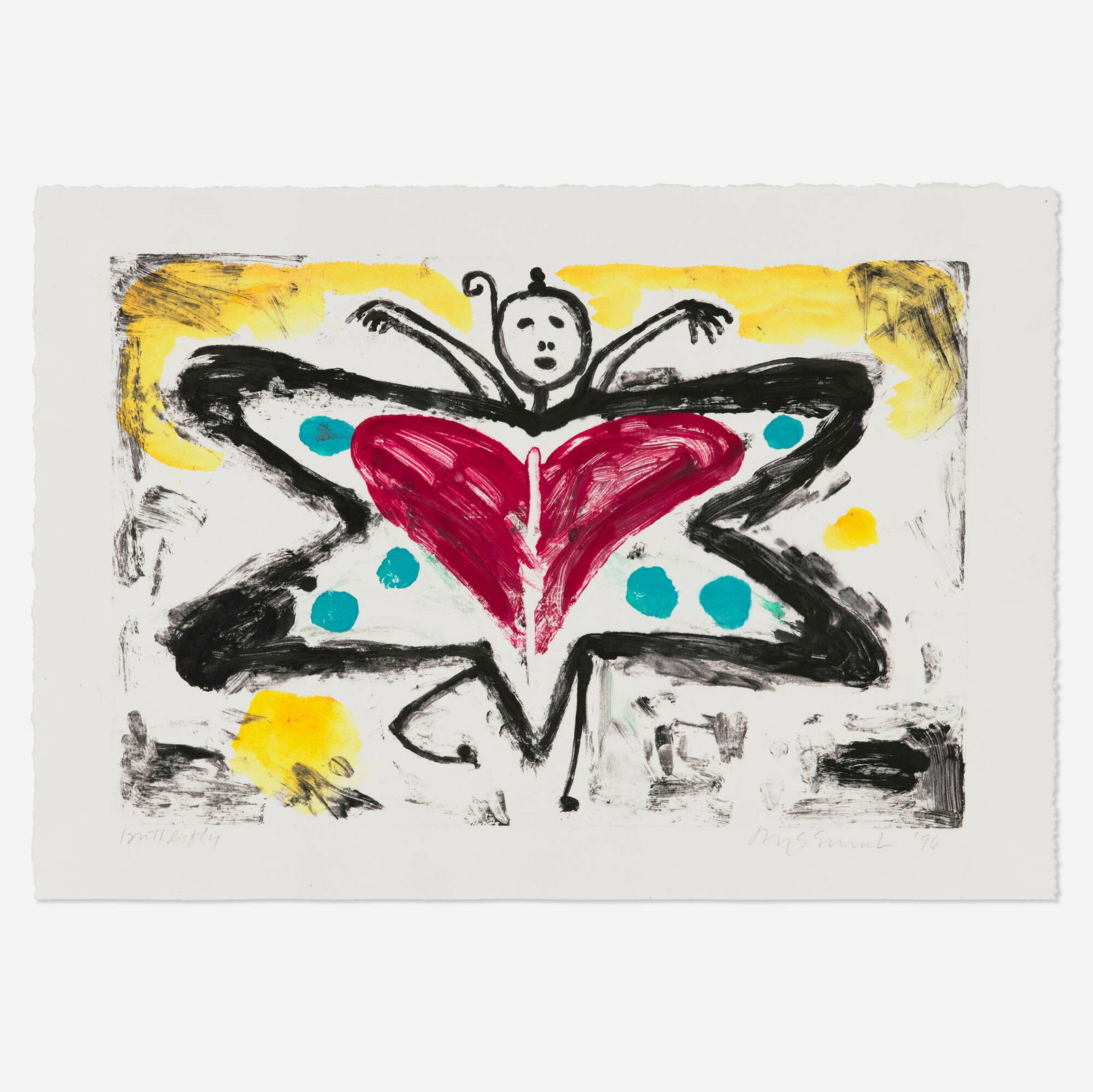 Jaune Quick-to-See Smith, Butterfly: Jaune Quick-to-See Smith Butterfly 1996monoprint image: 11.875 h x 17.75 w in (30 x 45 cm) sheet: 14.875 h x 21.375 w in (38 x 54 cm) Signed, titled and dated to lower edge 'Butterfly Jaune