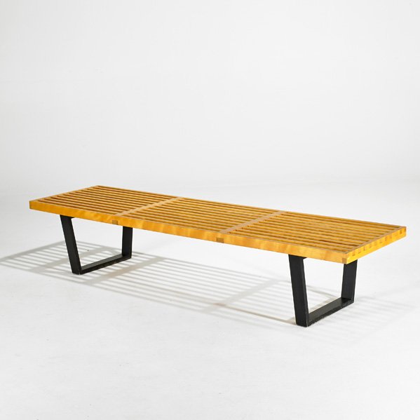 GEORGE NELSON; HERMAN MILLER: Slat bench, Zeeland, MI, 1950s; Birch and ebonized wood; Foil label; 14" x 72 1/2" x 18 3/4"