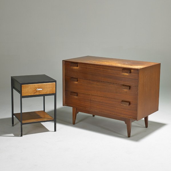 JENS RISOM; GEORGE NELSON: Dresser and nightstand, USA, 1950s; Mahogany, walnut, enameled and chromed steel and laminate; Both signed; Dresser: 32" x 42" x 21", nightstand: 24 1/2" x 17" x 18 1/2"