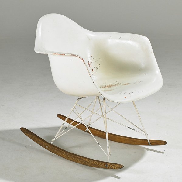 CHARLES AND RAY EAMES; HERMAN MILLER/ZENITH: First year production (RAR) rocking chair , Grenada , CA, 1940s; Rope-edge plastic reinforced fiberglass painted metal base, birch runners; Unmarked; 27 1/2" x 25" x 25"