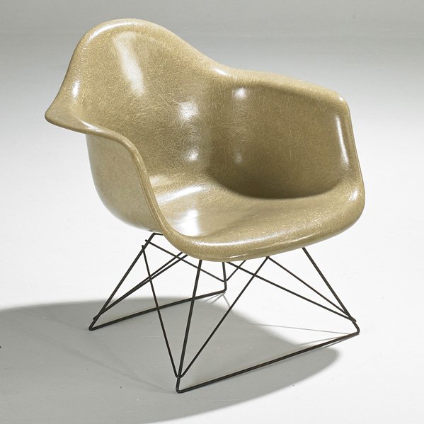 CHARLES AND RAY EAMES;HERMAN MILLER: LAR lounge chair with cat's cradle base, USA, 1950s; Fiberglass, enameled steel; Herman Miller paper tag and stamped Herman Miller; 25" x 25" x 22 1/2"