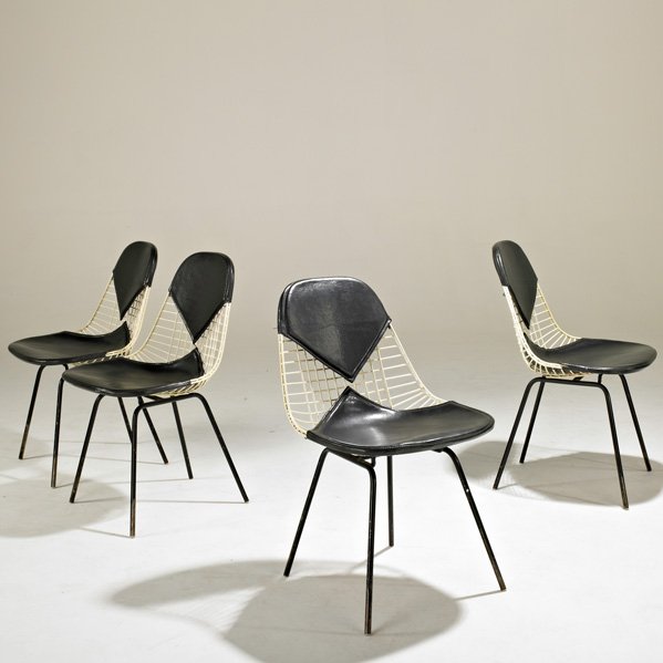 CHARLES AND RAY EAMES; HERMAN MILLER: Set of four Bikini chairs, USA, 1950s; Vinyl, plastic coated and enamel steel; Fabric labels; Each: 32 1/2" x 19" x 20"