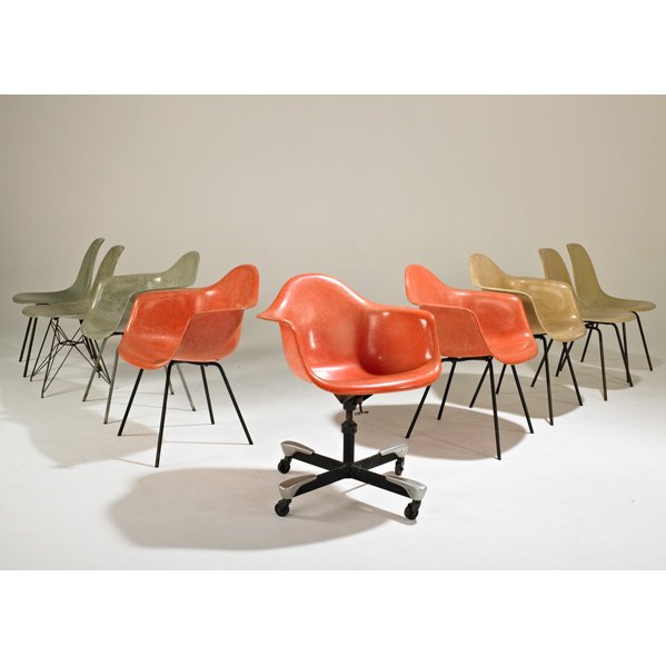 CHARLES AND RAY EAMES; HERMAN MILLER: Assembled group of nine Shell chairs, five-arm, four-side, USA, 1950s; Fiberglass, enameled and zinc-plated steel; Paper label to swivel chair; Armchair: 30 1/2" x 24 1/2" x 22 1/2"