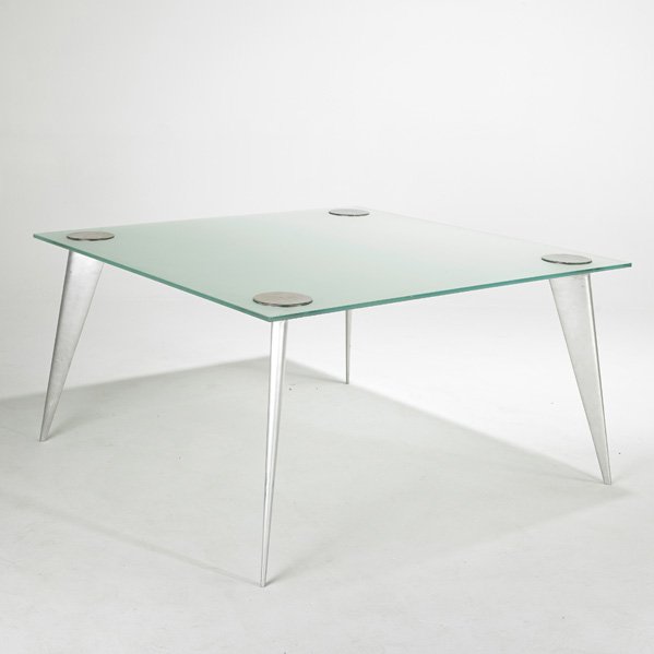 PHILLIPE STARCK; DRIADE: Dining table, France, 1980s; Frosted glass and polished aluminum; Unmarked; 28 1/2" x 53" x 53"