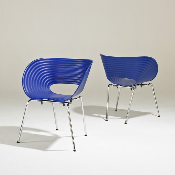 RON ARAD; VITRA: Pair of Tomvak chairs, Switzerland, 1999; Plastic and chromed steel; Signed in the mold; 29 1/2" x 25 1/2" x 24"