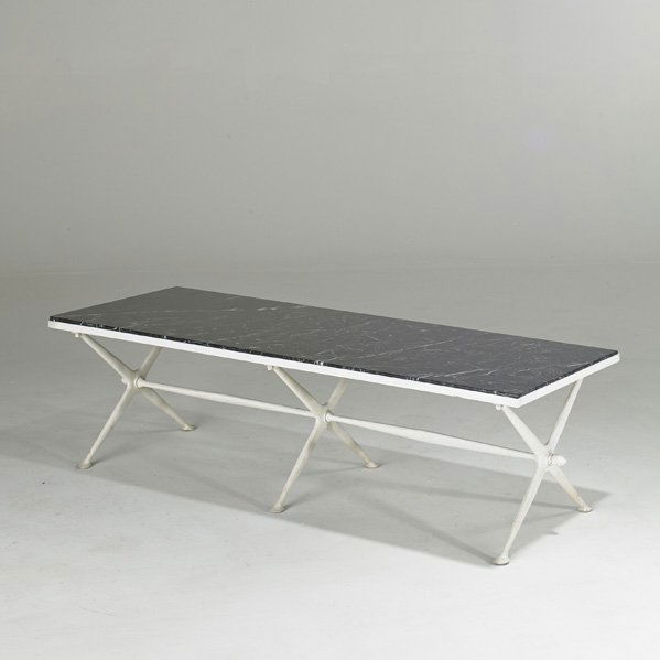 DAN JOHNSON: Cocktail table, USA, 1950s; Aluminum and marble; Unmarked; 15" x 52" x 18"